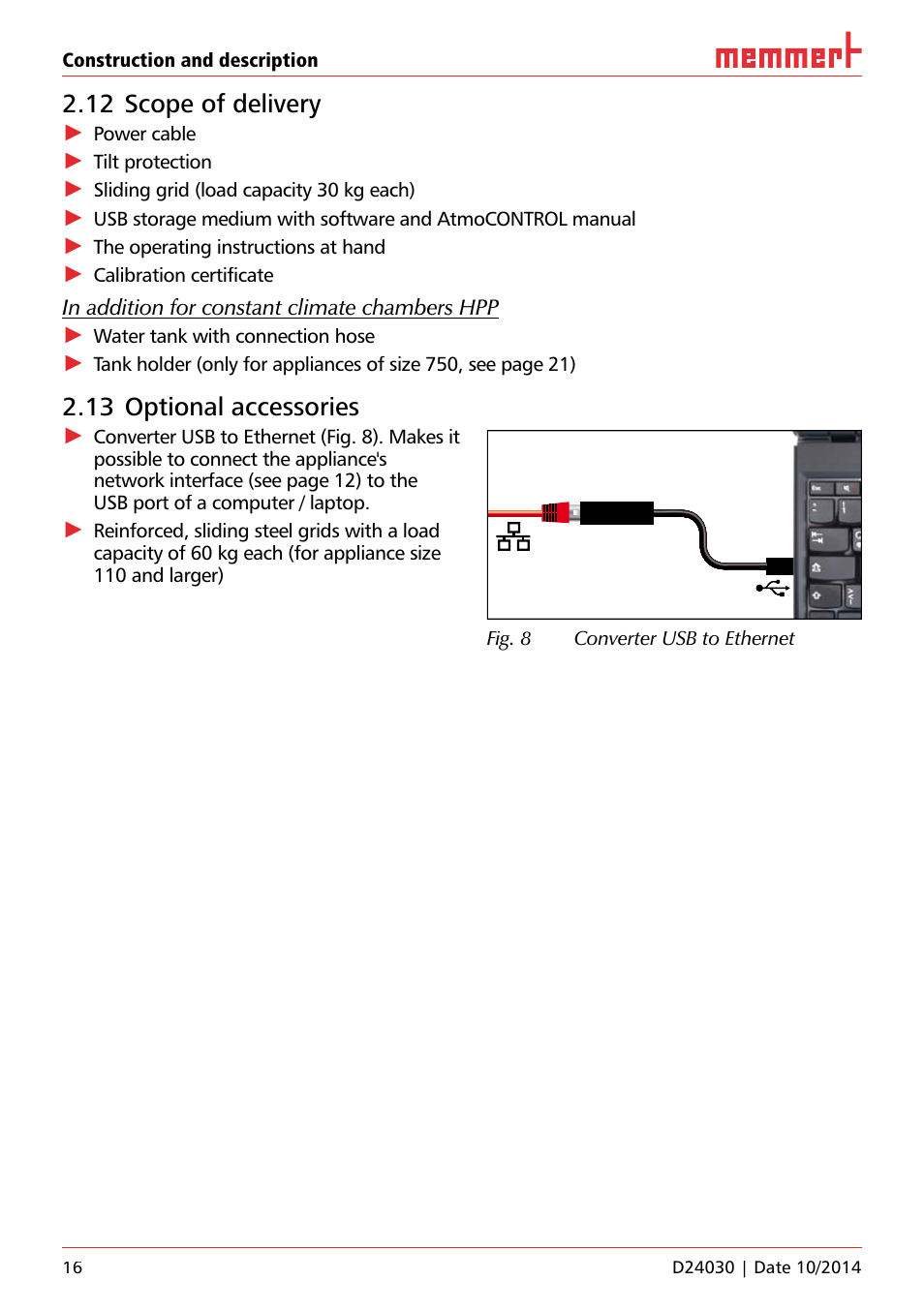 12 scope of delivery, 13 optional accessories | Memmert HPP, Peltier-cooled incubators IPP plus Constant climate chambers User Manual | Page 16 / 64