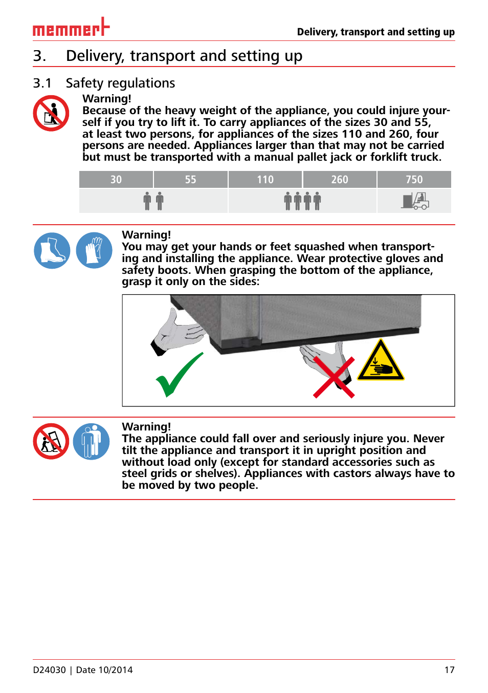 Delivery, transport and setting up, 1 safety regulations | Memmert HPP, Peltier-cooled incubators IPP plus Constant climate chambers User Manual | Page 17 / 64