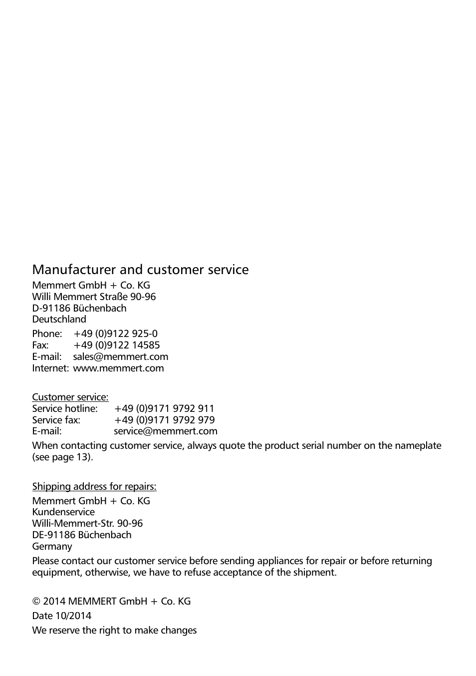 Manufacturer and customer service | Memmert HPP, Peltier-cooled incubators IPP plus Constant climate chambers User Manual | Page 2 / 64