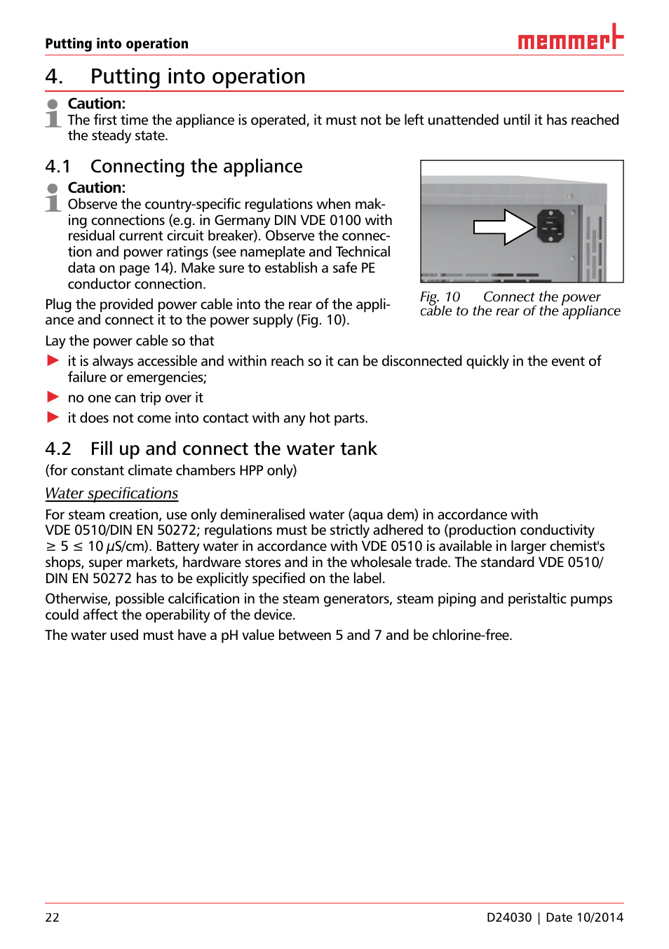 Putting into operation, 1 connecting the appliance, 2 fill up and connect the water tank | Memmert HPP, Peltier-cooled incubators IPP plus Constant climate chambers User Manual | Page 22 / 64