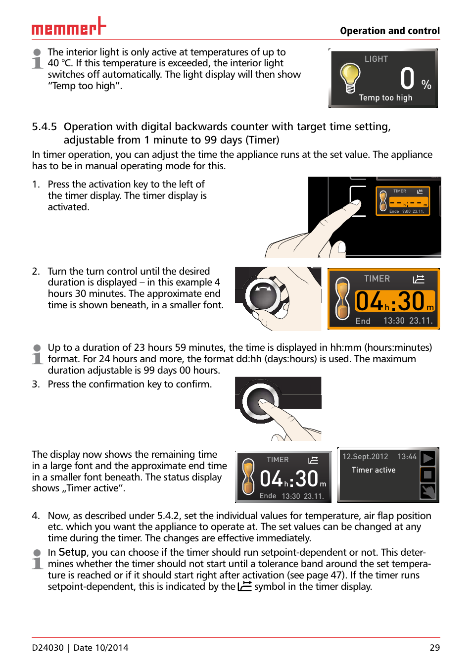 Ich 500, Setup, Light | Temp too high, Timer end | Memmert HPP, Peltier-cooled incubators IPP plus Constant climate chambers User Manual | Page 29 / 64