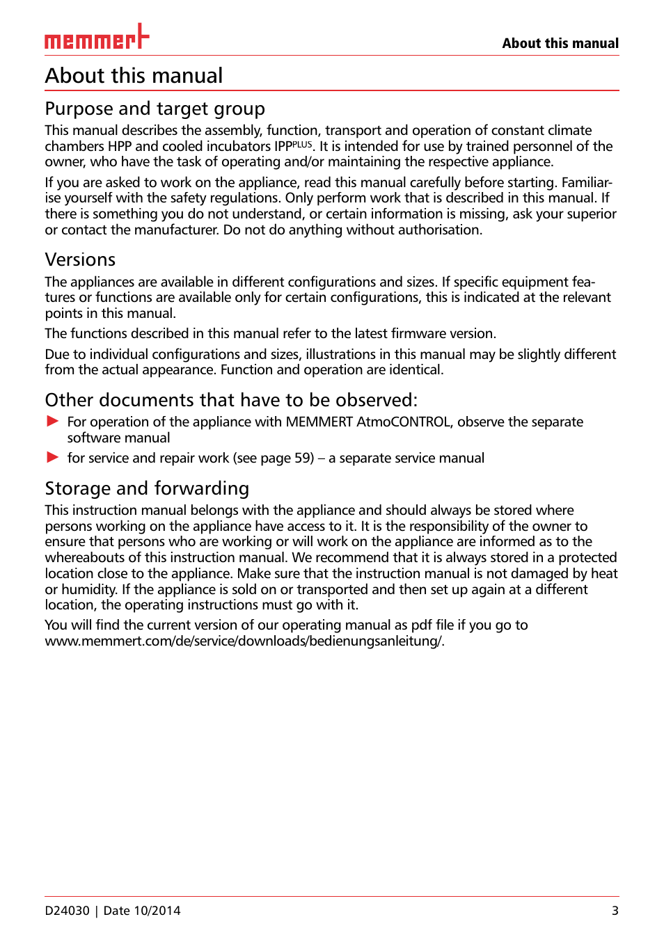 About this manual, Purpose and target group, Versions | Other documents that have to be observed, Storage and forwarding | Memmert HPP, Peltier-cooled incubators IPP plus Constant climate chambers User Manual | Page 3 / 64