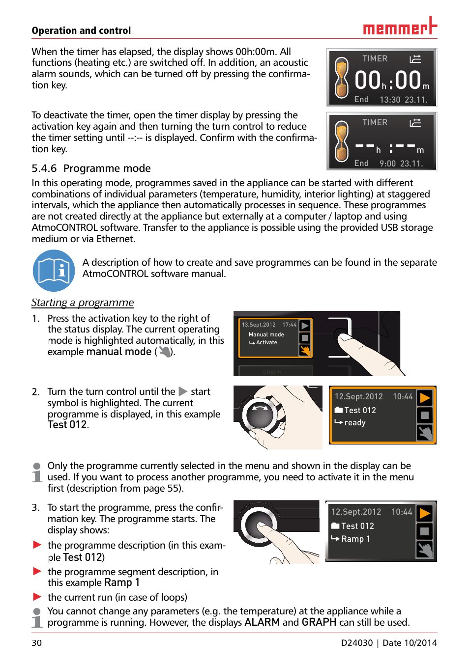 Unp 500, 6 programme mode, Starting a programme | Manual mode, Test 012, Ramp 1, Alarm, Graph, Turn the turn control until the, The programme description (in this exam- ple | Memmert HPP, Peltier-cooled incubators IPP plus Constant climate chambers User Manual | Page 30 / 64