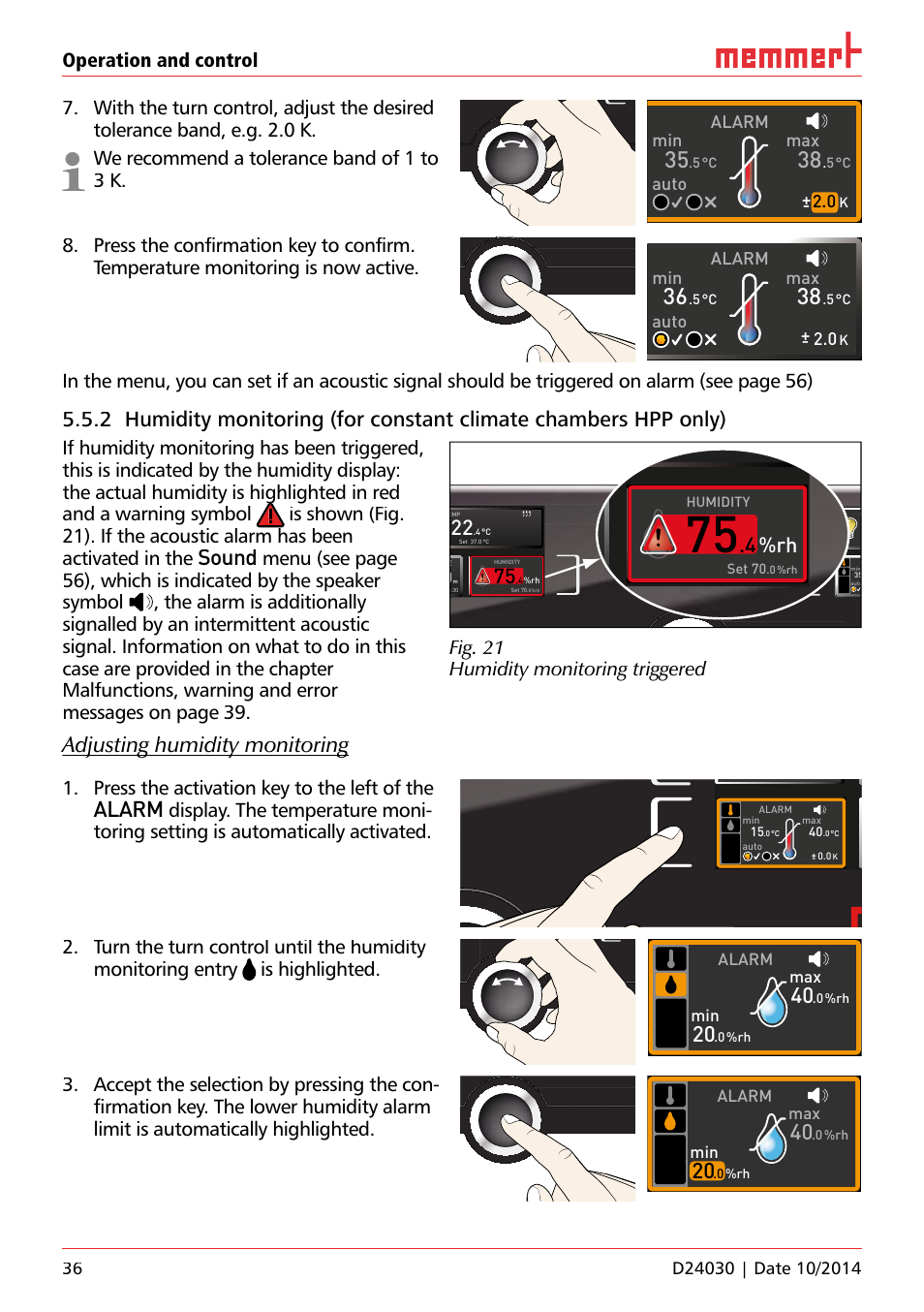 On 44, Uf 110, Hauptschalter | 4%rh, Lichtboxen, Sound, Adjusting humidity monitoring, 0%rh, Press the activation key to the left of the, Fig. 21 humidity monitoring triggered | Memmert HPP, Peltier-cooled incubators IPP plus Constant climate chambers User Manual | Page 36 / 64