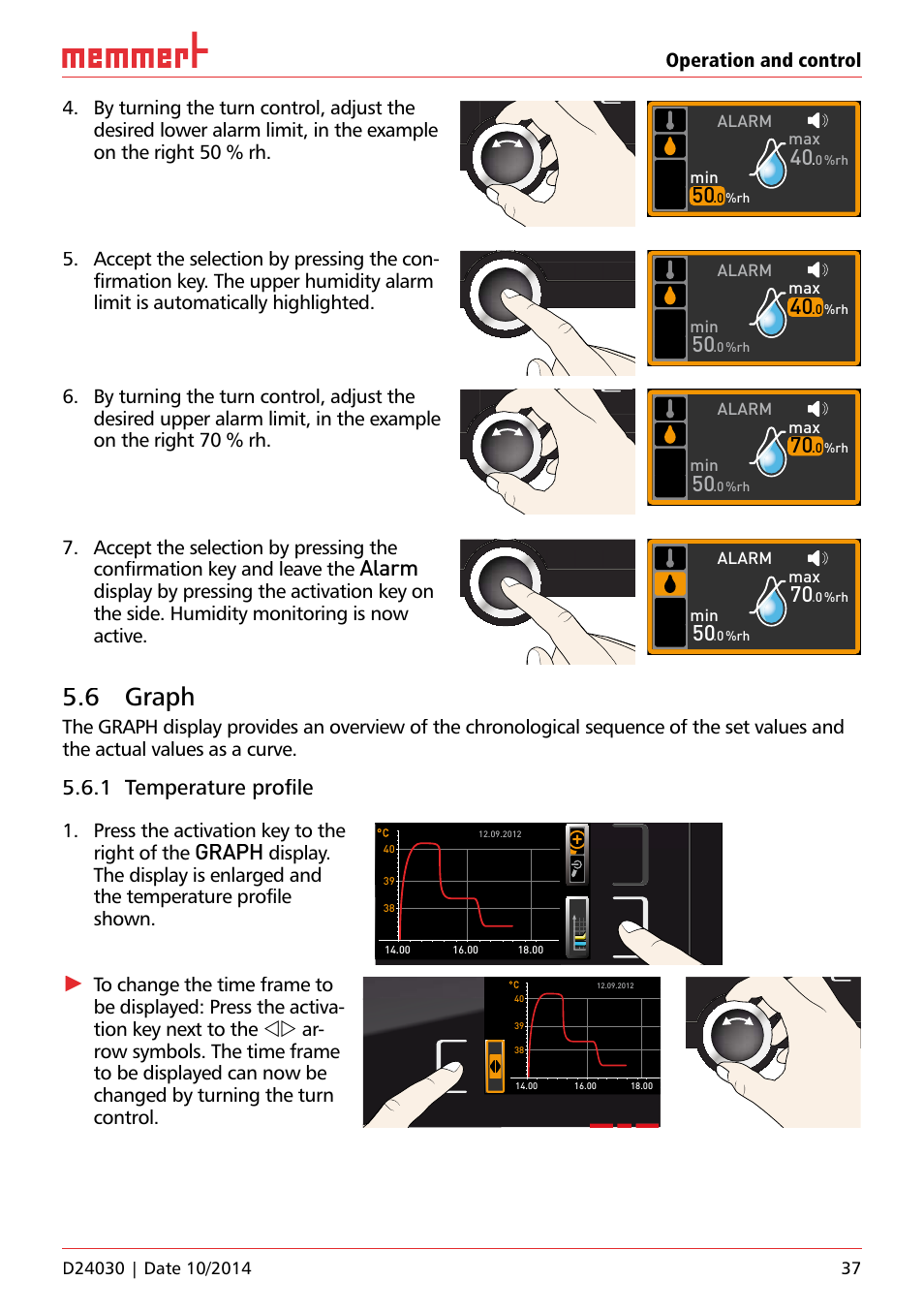 6 graph, Unp 500, 4%rh | Lichtboxen, Alarm, 1 temperature proﬁ le, Graph, Press the activation key to the right of the | Memmert HPP, Peltier-cooled incubators IPP plus Constant climate chambers User Manual | Page 37 / 64
