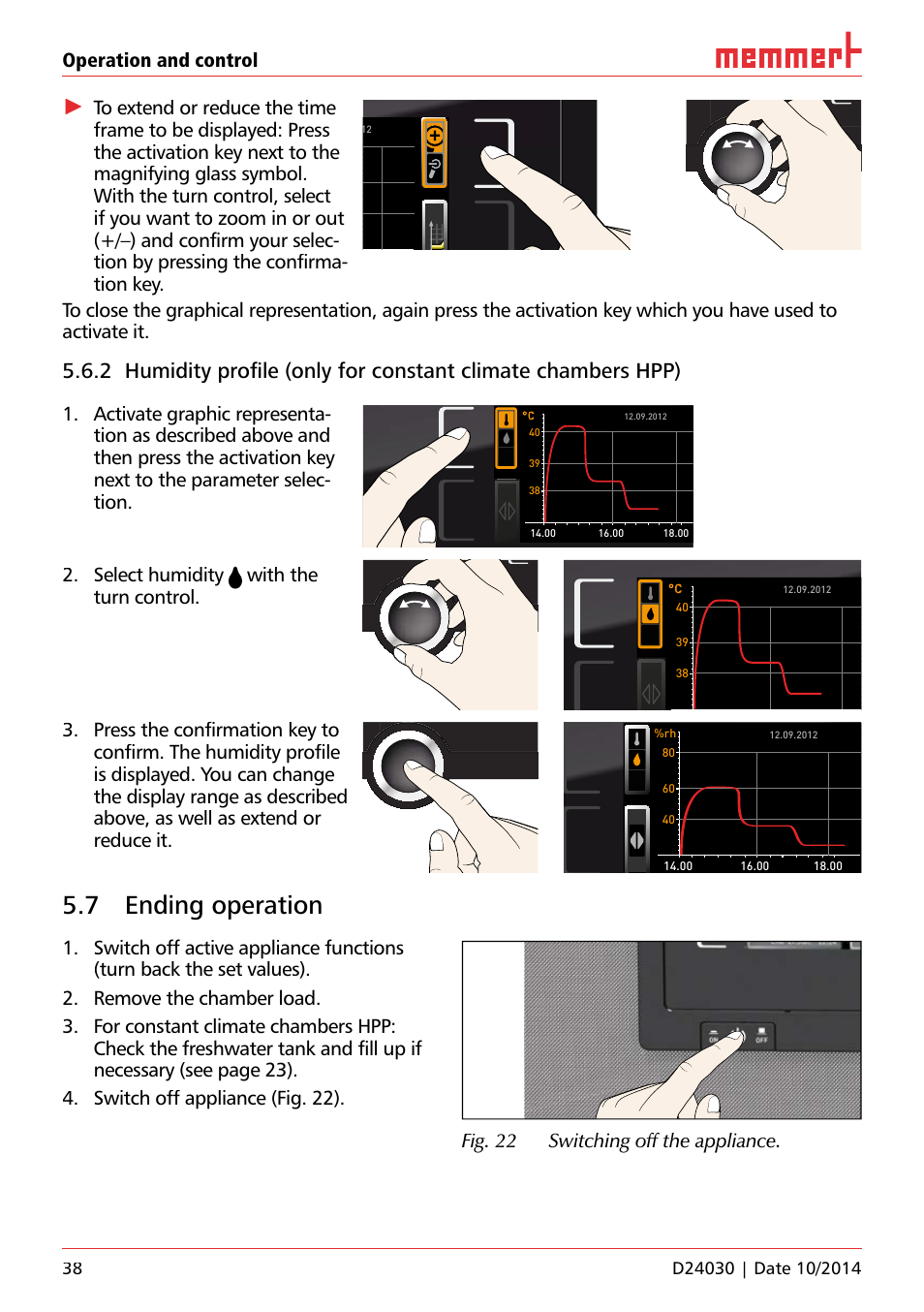 7 ending operation, Unp 500, Operation and control | Select humidity with the turn control, Fig. 22 switching off the appliance, Uf 110, Hauptschalter | Memmert HPP, Peltier-cooled incubators IPP plus Constant climate chambers User Manual | Page 38 / 64