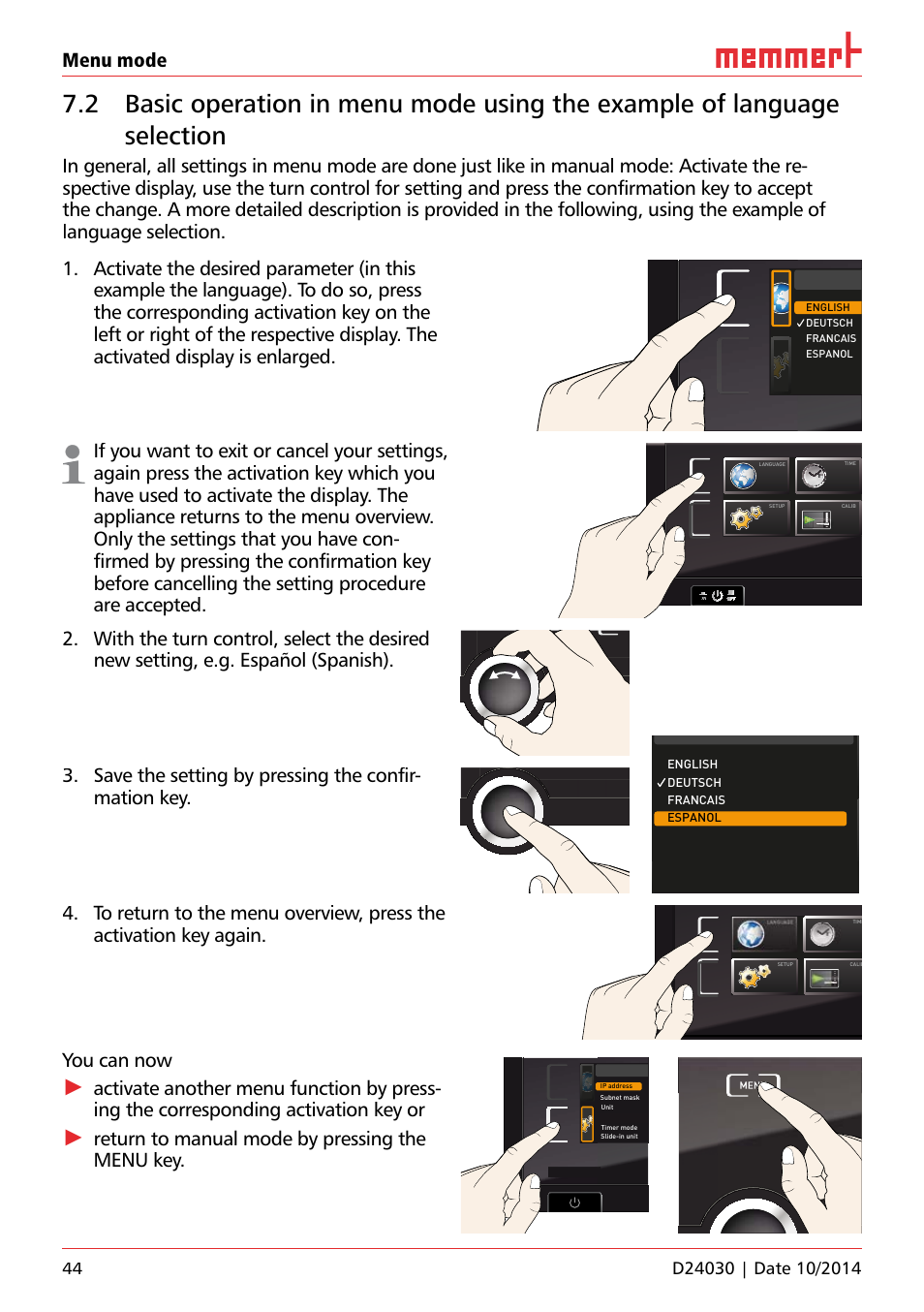 Ufp 100, Menu mode, You can now | Return to manual mode by pressing the menu key, Uf 110, Hauptschalter, English deutsch espanol francais | Memmert HPP, Peltier-cooled incubators IPP plus Constant climate chambers User Manual | Page 44 / 64