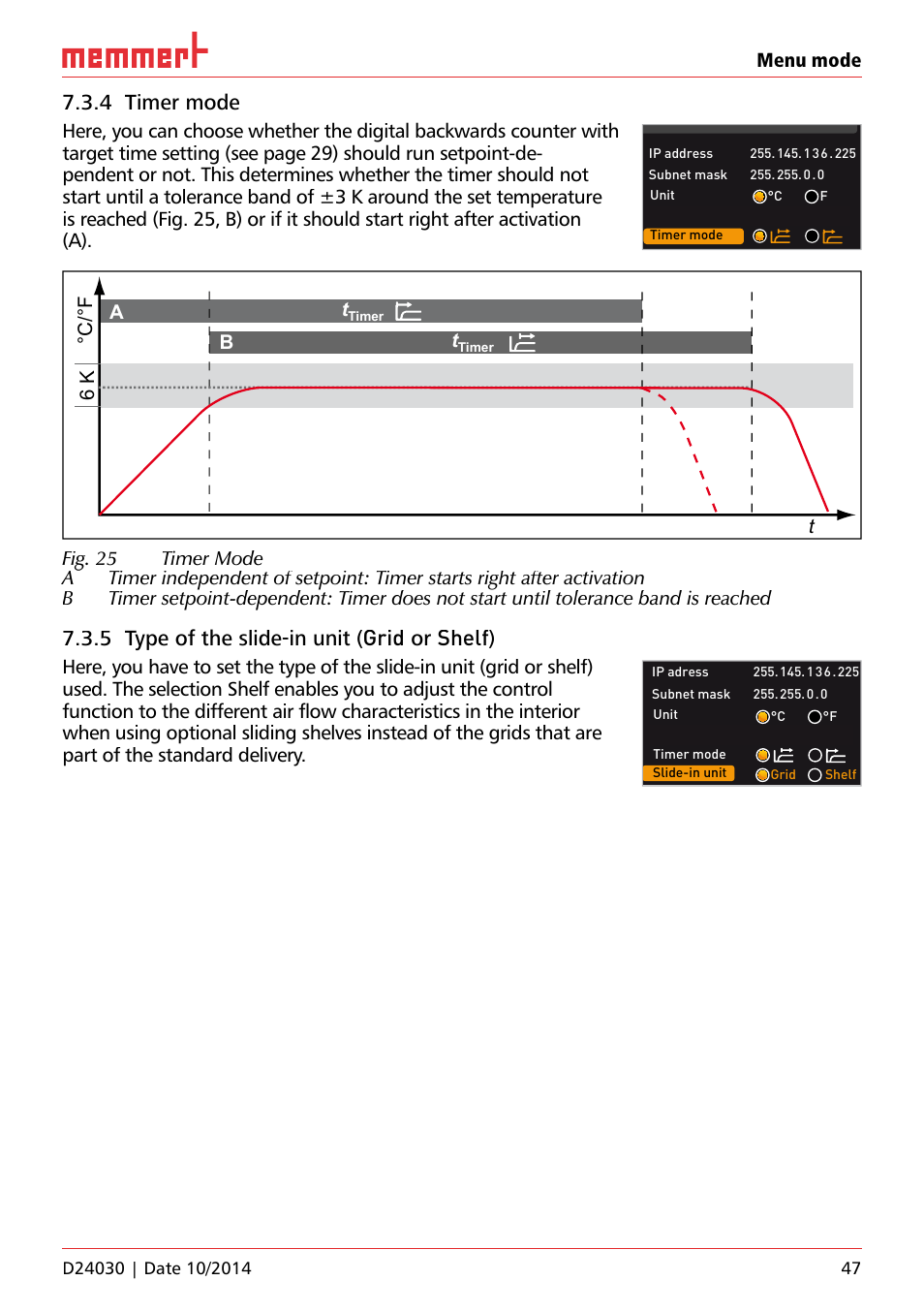 4 timer mode, 5 type of the slide-in unit (grid or shelf) | Memmert HPP, Peltier-cooled incubators IPP plus Constant climate chambers User Manual | Page 47 / 64