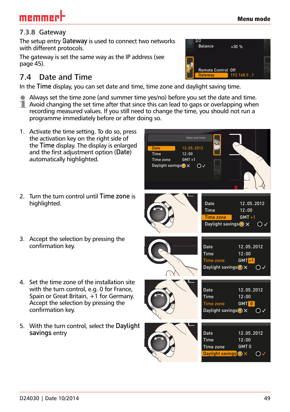 4 date and time, Ufp 100, 8 gateway | Gateway, Time, Date, Time zone, Daylight savings, Menu mode, The setup entry | Memmert HPP, Peltier-cooled incubators IPP plus Constant climate chambers User Manual | Page 49 / 64