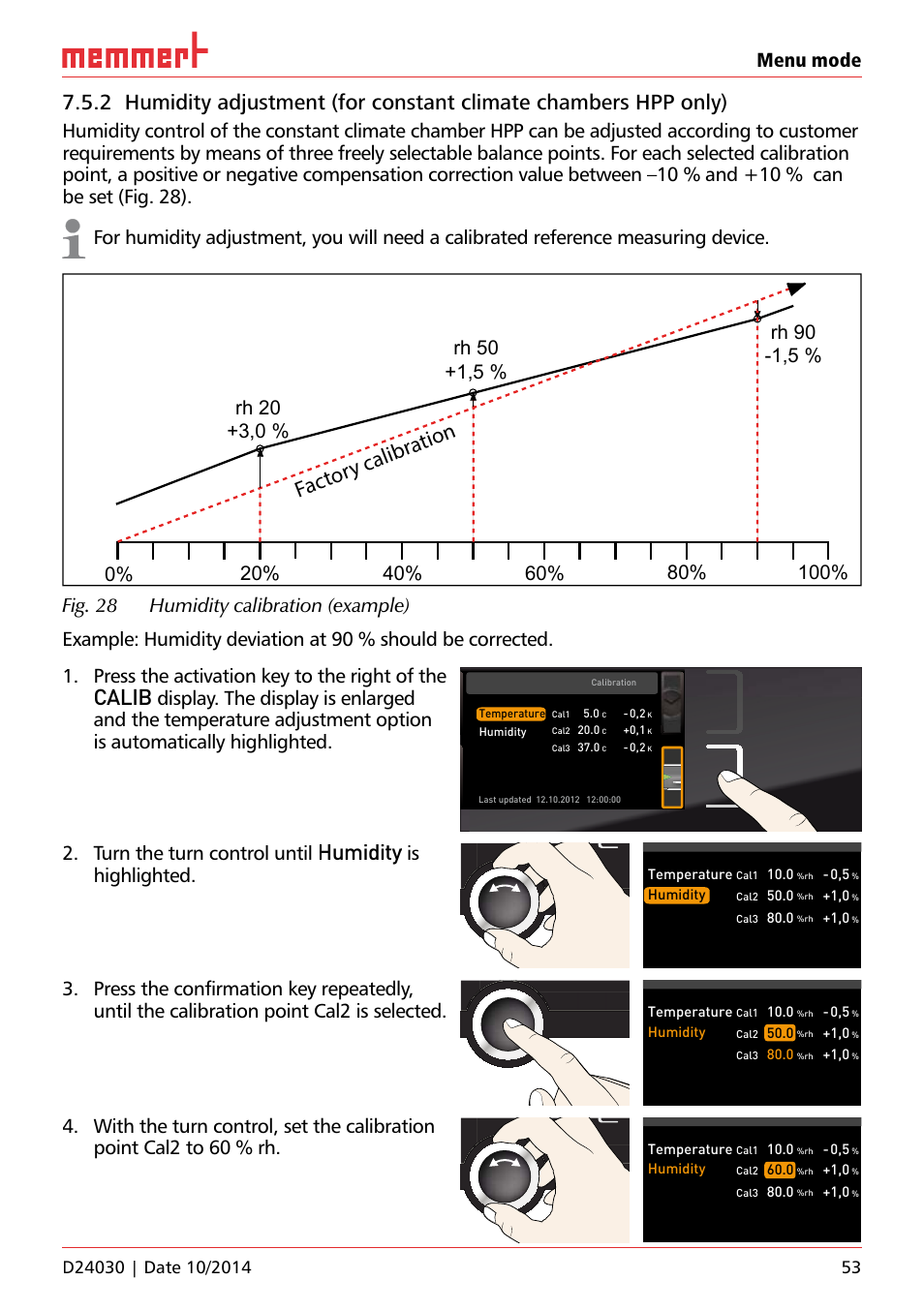 Ufp 100, Fact ory calibr ation, Calib | Humidity, Menu mode, Turn the turn control until, Highlighted, Uf 110, Temperature, 0 humidity | Memmert HPP, Peltier-cooled incubators IPP plus Constant climate chambers User Manual | Page 53 / 64
