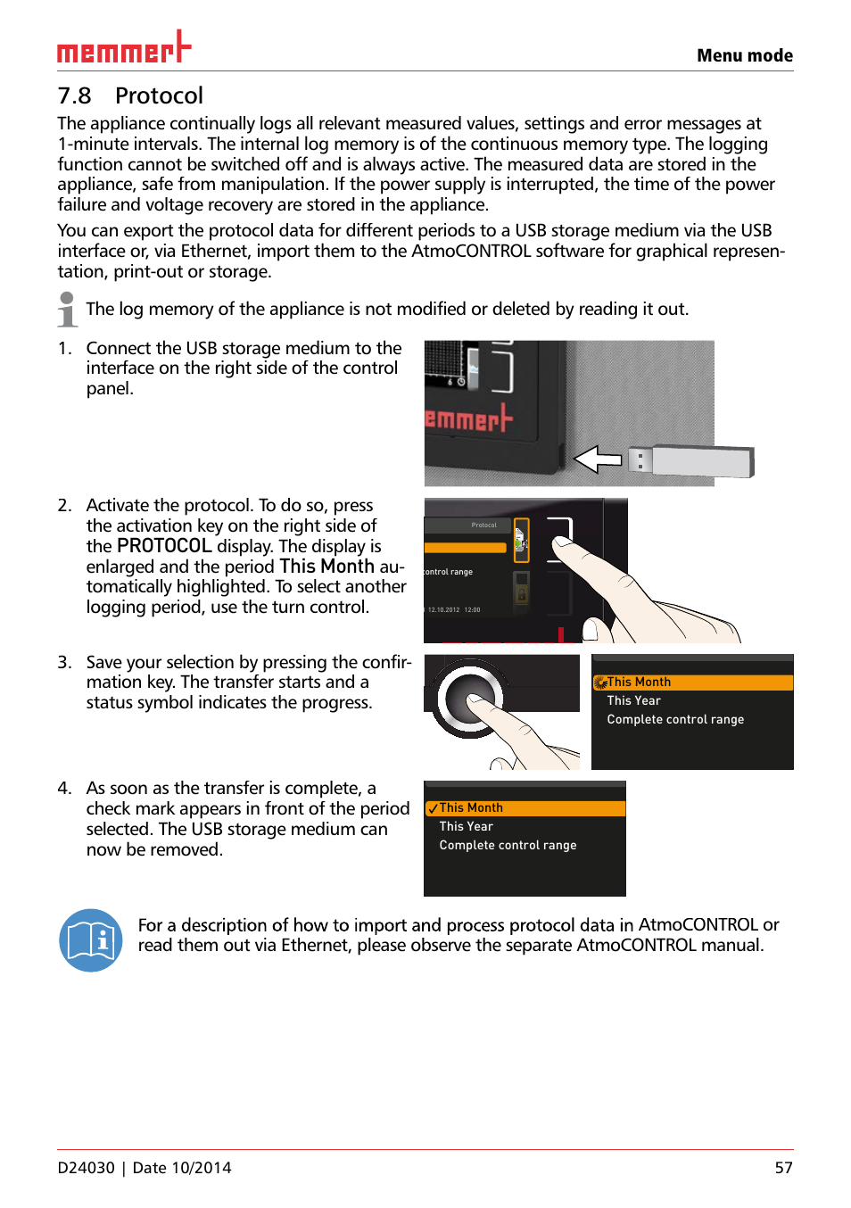 8 protocol, Protocol, This month | Menu mode, Display. the display is enlarged and the period | Memmert HPP, Peltier-cooled incubators IPP plus Constant climate chambers User Manual | Page 57 / 64