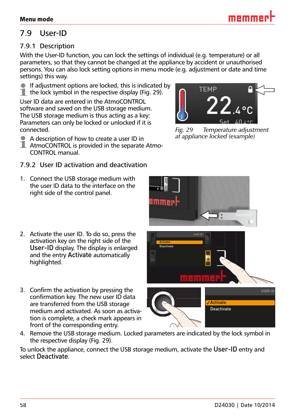 9 user-id, 1 description, 2 user id activation and deactivation | User-id, Activate, Deactivate, Temp set, Menu mode, Display. the display is enlarged and the entry, Automatically highlighted. ufp 100 | Memmert HPP, Peltier-cooled incubators IPP plus Constant climate chambers User Manual | Page 58 / 64