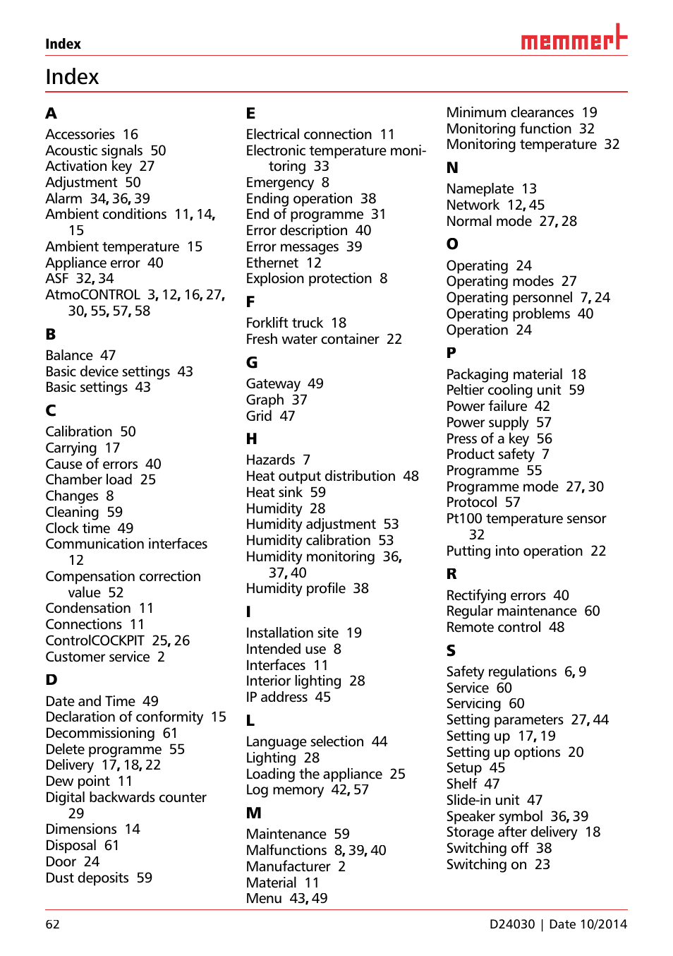 Index | Memmert HPP, Peltier-cooled incubators IPP plus Constant climate chambers User Manual | Page 62 / 64
