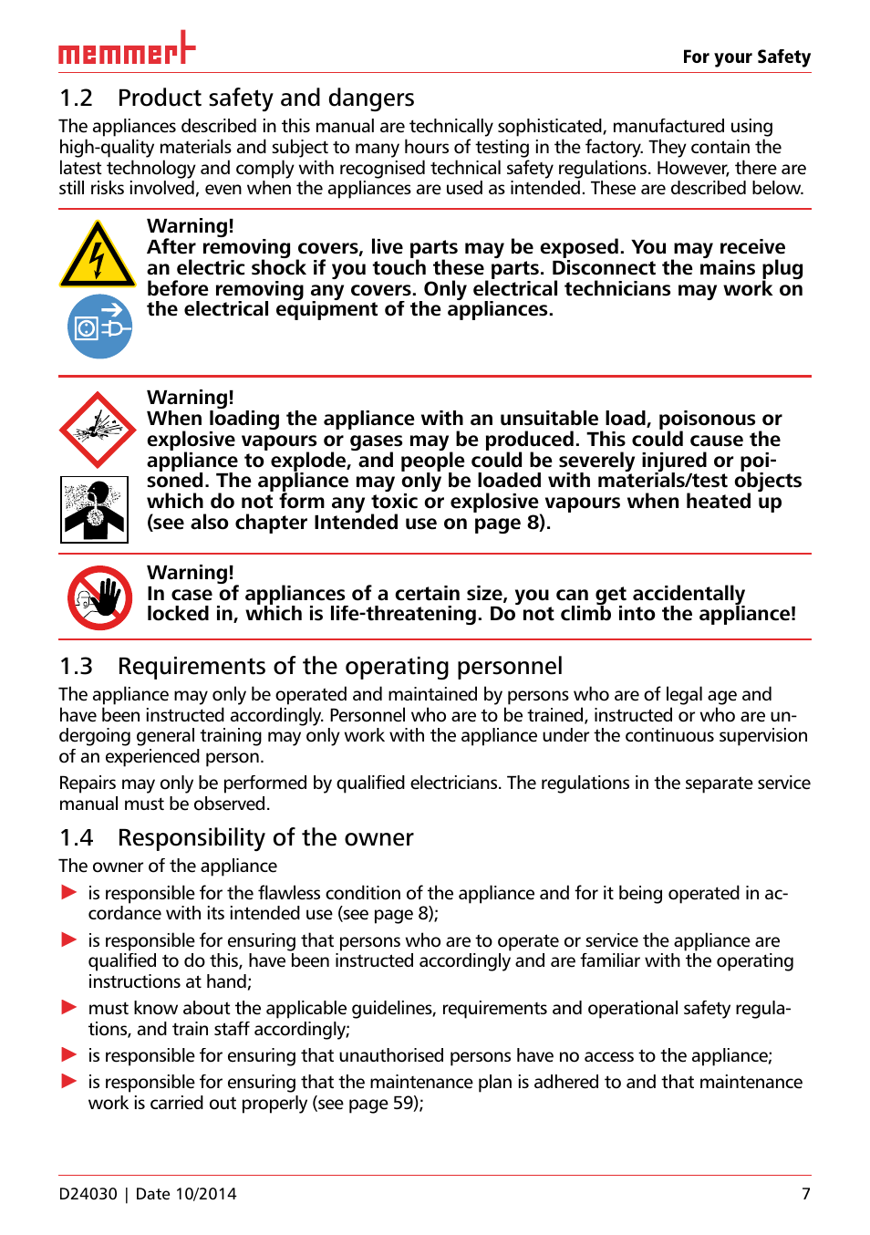 2 product safety and dangers, 3 requirements of the operating personnel, 4 responsibility of the owner | Memmert HPP, Peltier-cooled incubators IPP plus Constant climate chambers User Manual | Page 7 / 64