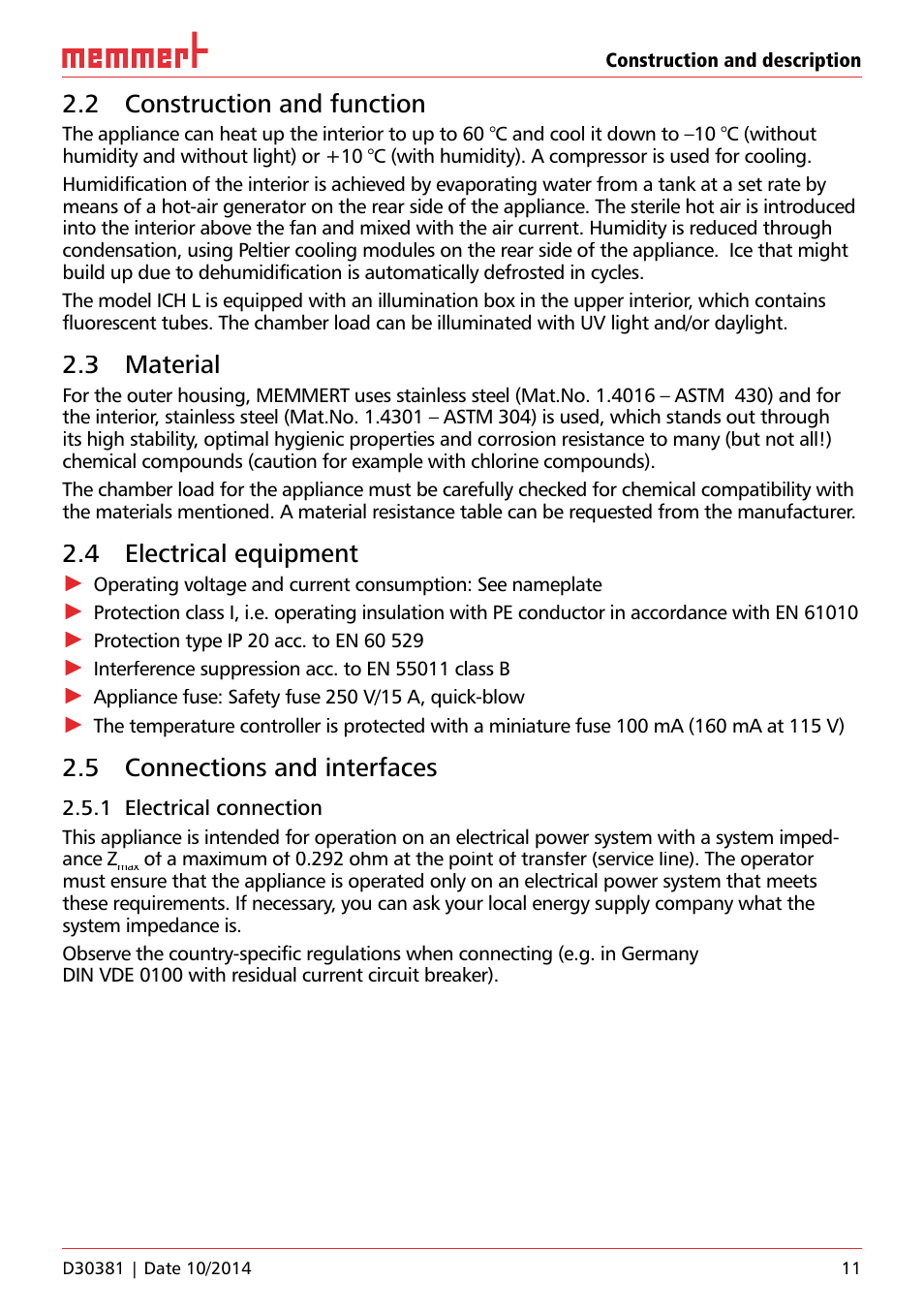 2 construction and function, 3 material, 4 electrical equipment | 5 connections and interfaces | Memmert ICH/ ICH L Climate chambers User Manual | Page 11 / 64