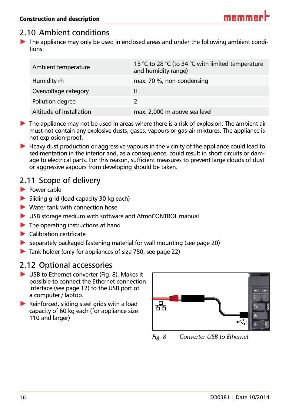 10 ambient conditions, 11 scope of delivery, 12 optional accessories | Memmert ICH/ ICH L Climate chambers User Manual | Page 16 / 64