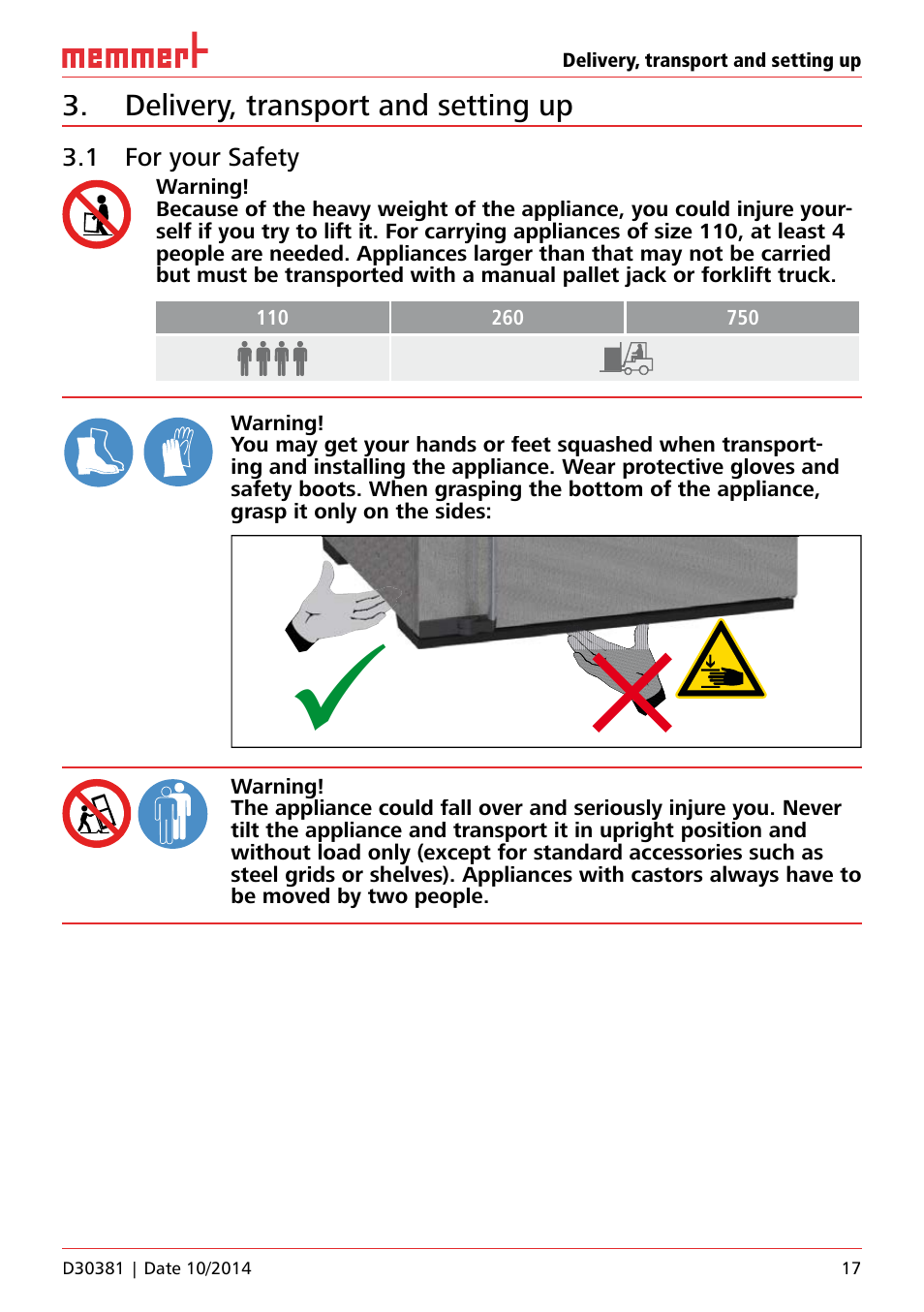 Delivery, transport and setting up, 1 for your safety | Memmert ICH/ ICH L Climate chambers User Manual | Page 17 / 64