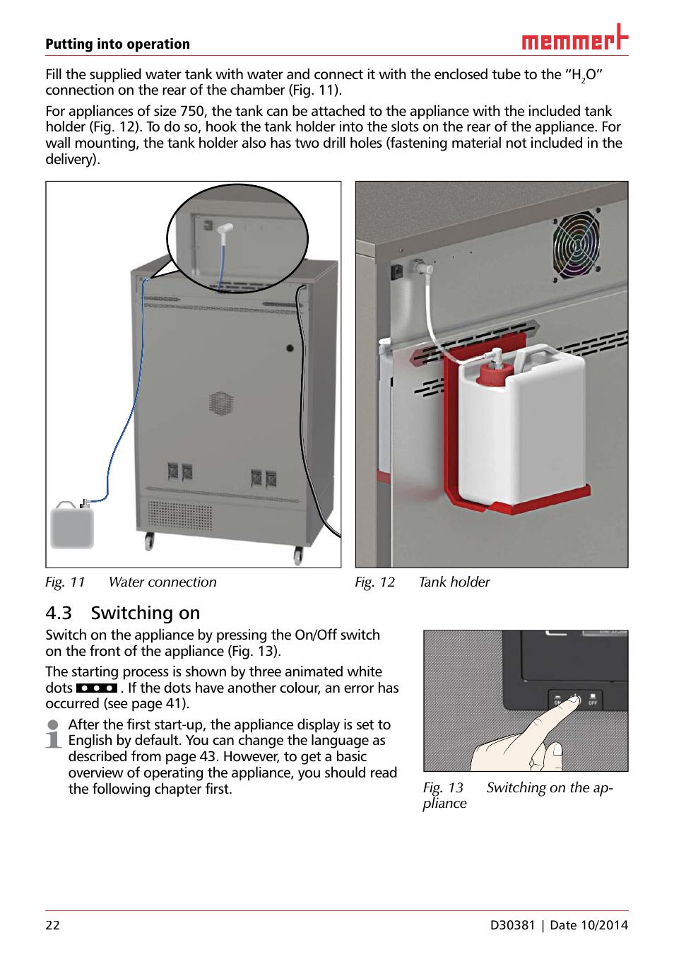 3 switching on, Fig. 13 switching on the ap- pliance, Uf 110 | Memmert ICH/ ICH L Climate chambers User Manual | Page 22 / 64