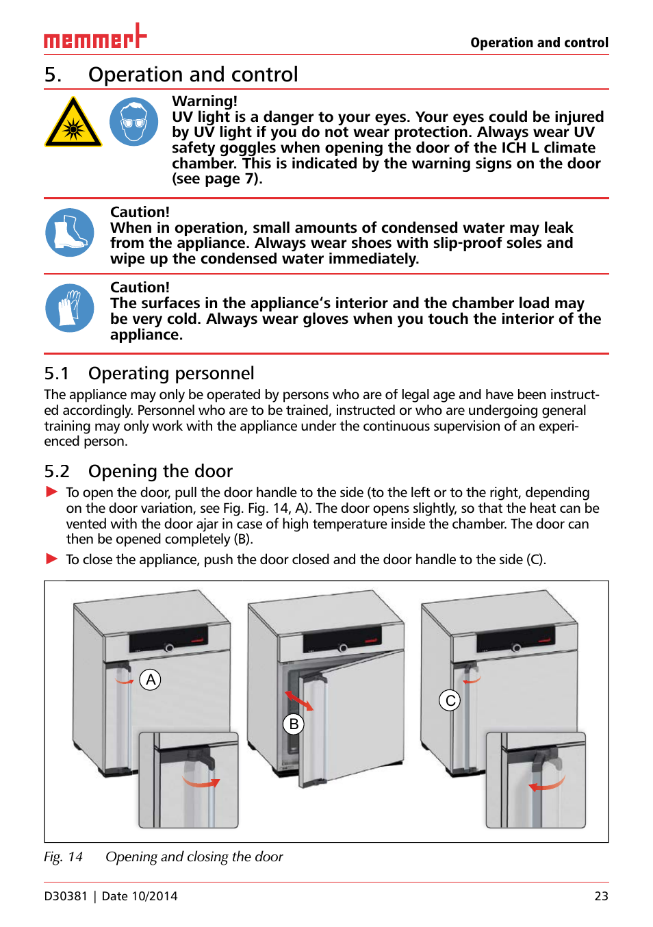 Operation and control, 1 operating personnel, 2 opening the door | Memmert ICH/ ICH L Climate chambers User Manual | Page 23 / 64