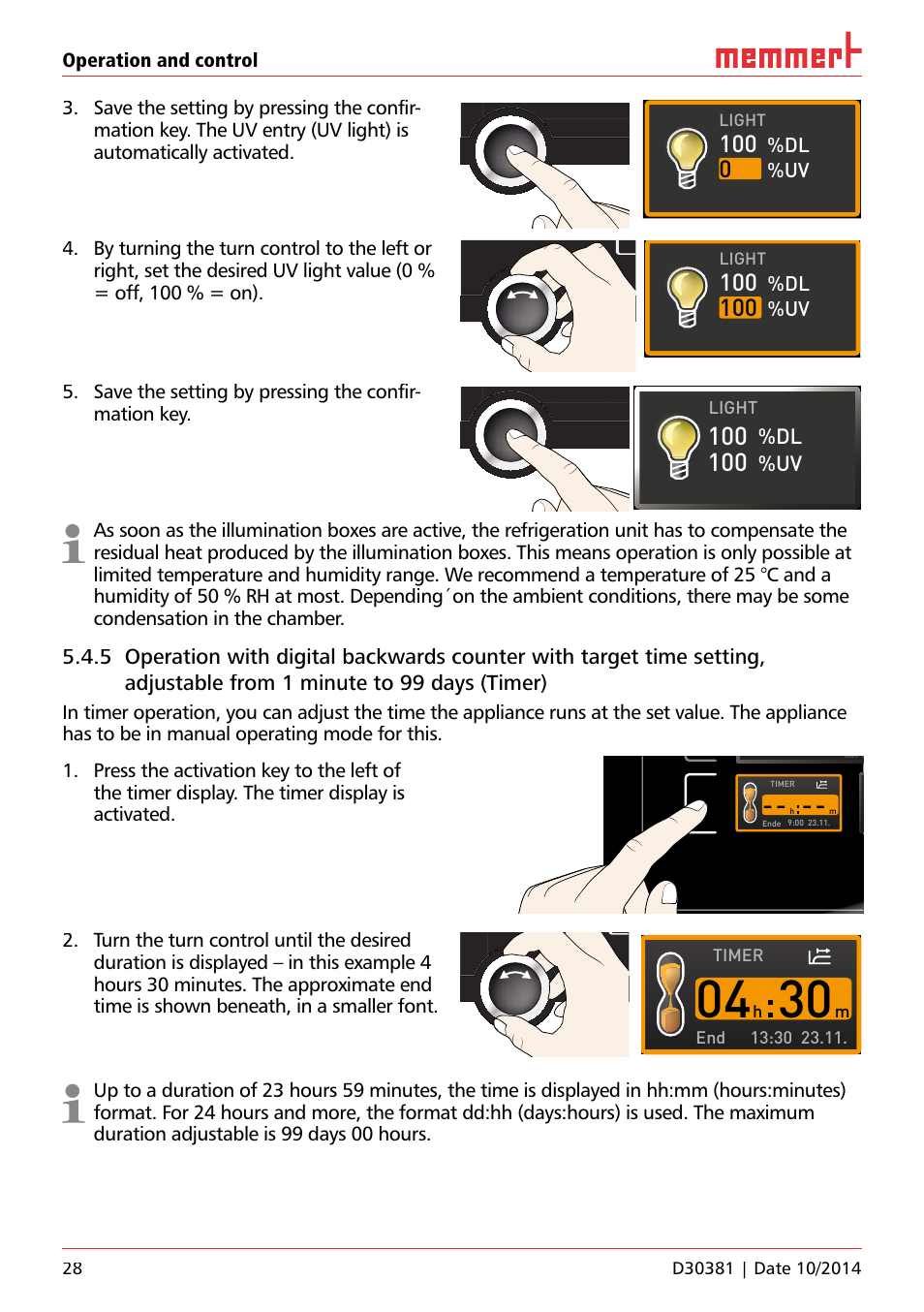 Ich 500, Light, Timer end | Uf 110 | Memmert ICH/ ICH L Climate chambers User Manual | Page 28 / 64