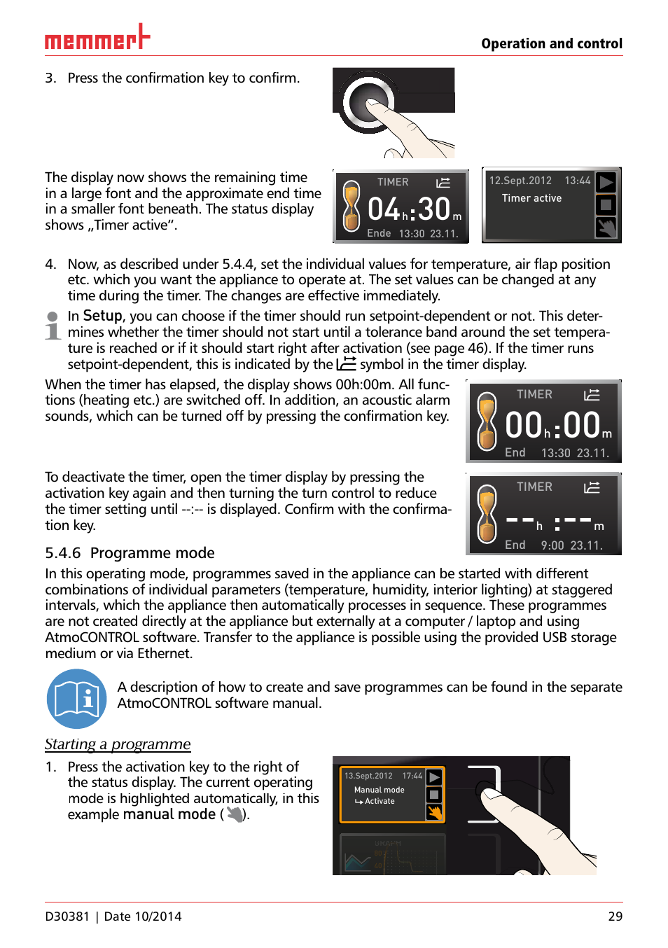 Unp 500, Setup, 6 programme mode | Starting a programme, Manual mode | Memmert ICH/ ICH L Climate chambers User Manual | Page 29 / 64