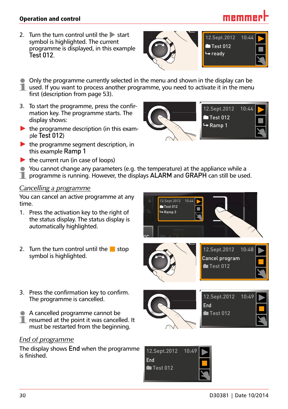 Unp 500, Test 012, Ramp 1 | Alarm, Graph, Cancelling a programme, End of programme, The programme description (in this exam- ple, Ple ), The programme segment description, in this example | Memmert ICH/ ICH L Climate chambers User Manual | Page 30 / 64