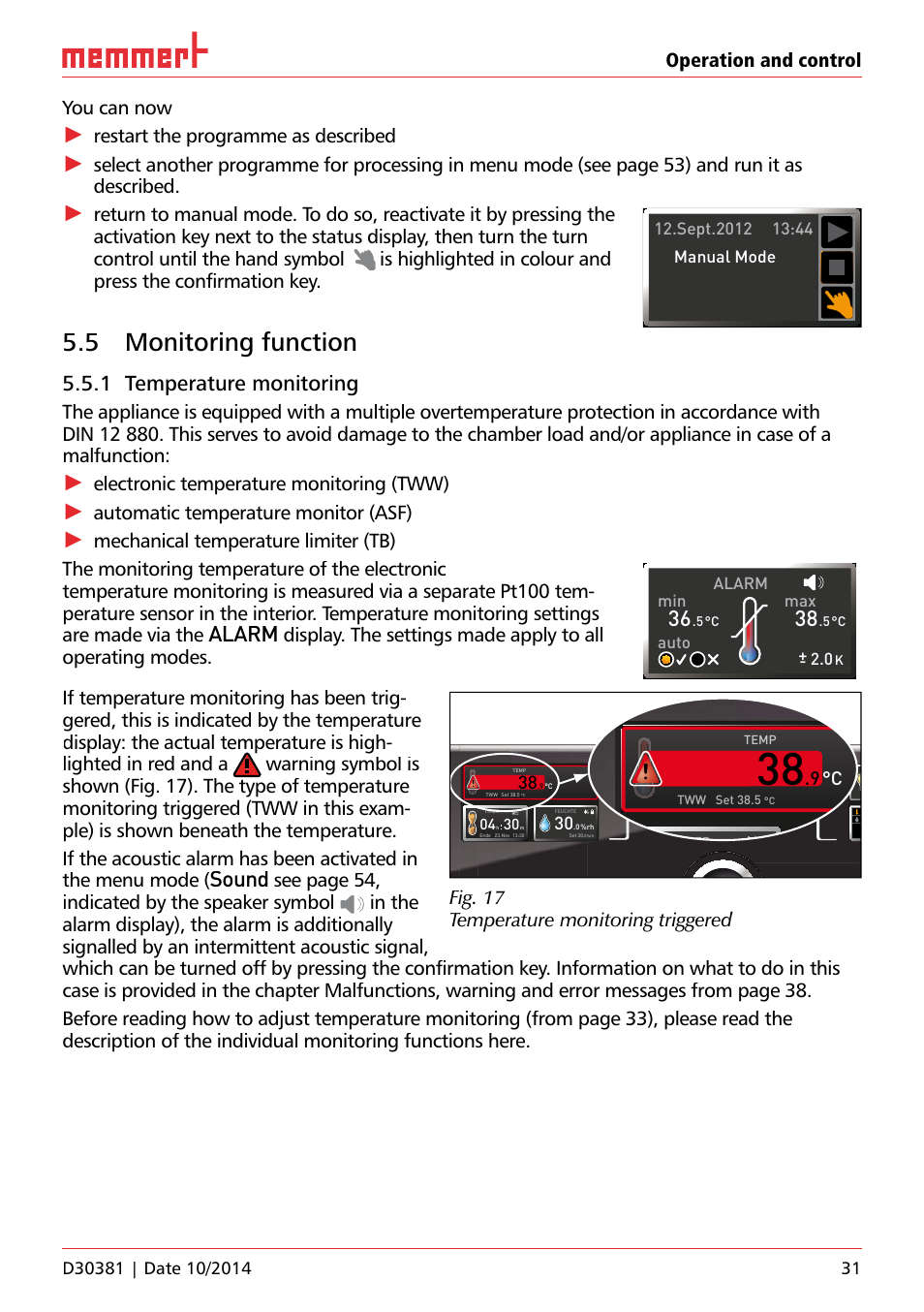 5 monitoring function, Uf 110, Hauptschalter | 1 temperature monitoring, Alarm, Sound, Operation and control you can now, Restart the programme as described, Electronic temperature monitoring (tww), Automatic temperature monitor (asf) | Memmert ICH/ ICH L Climate chambers User Manual | Page 31 / 64