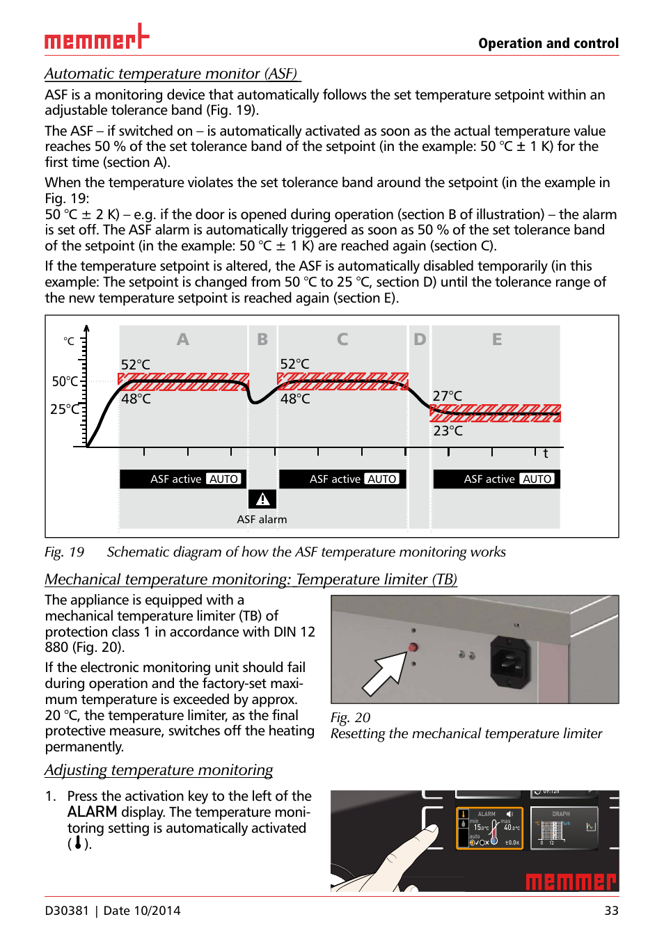 On 44, Ab c d e, Uf 110 | Adjusting temperature monitoring, Alarm, Hauptschalter, Operation and control, 52°c 48°c, 27°c 23°c, 50°c 25°c t | Memmert ICH/ ICH L Climate chambers User Manual | Page 33 / 64