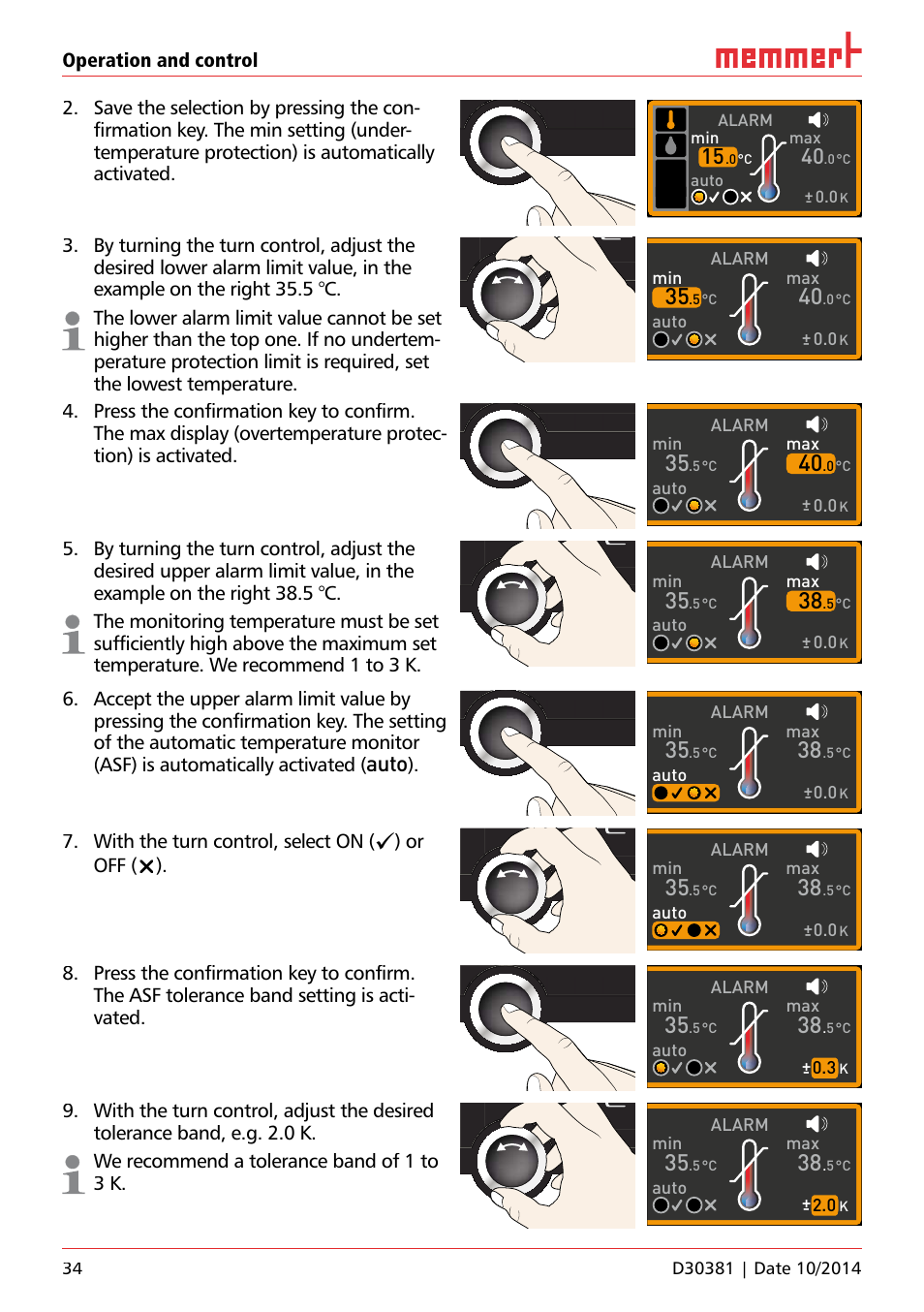 Auto, With the turn control, select on, Or off () | Alarm, Auto max, Alarm 0.0, Alarm max, Alarm max auto, Uf 110 | Memmert ICH/ ICH L Climate chambers User Manual | Page 34 / 64