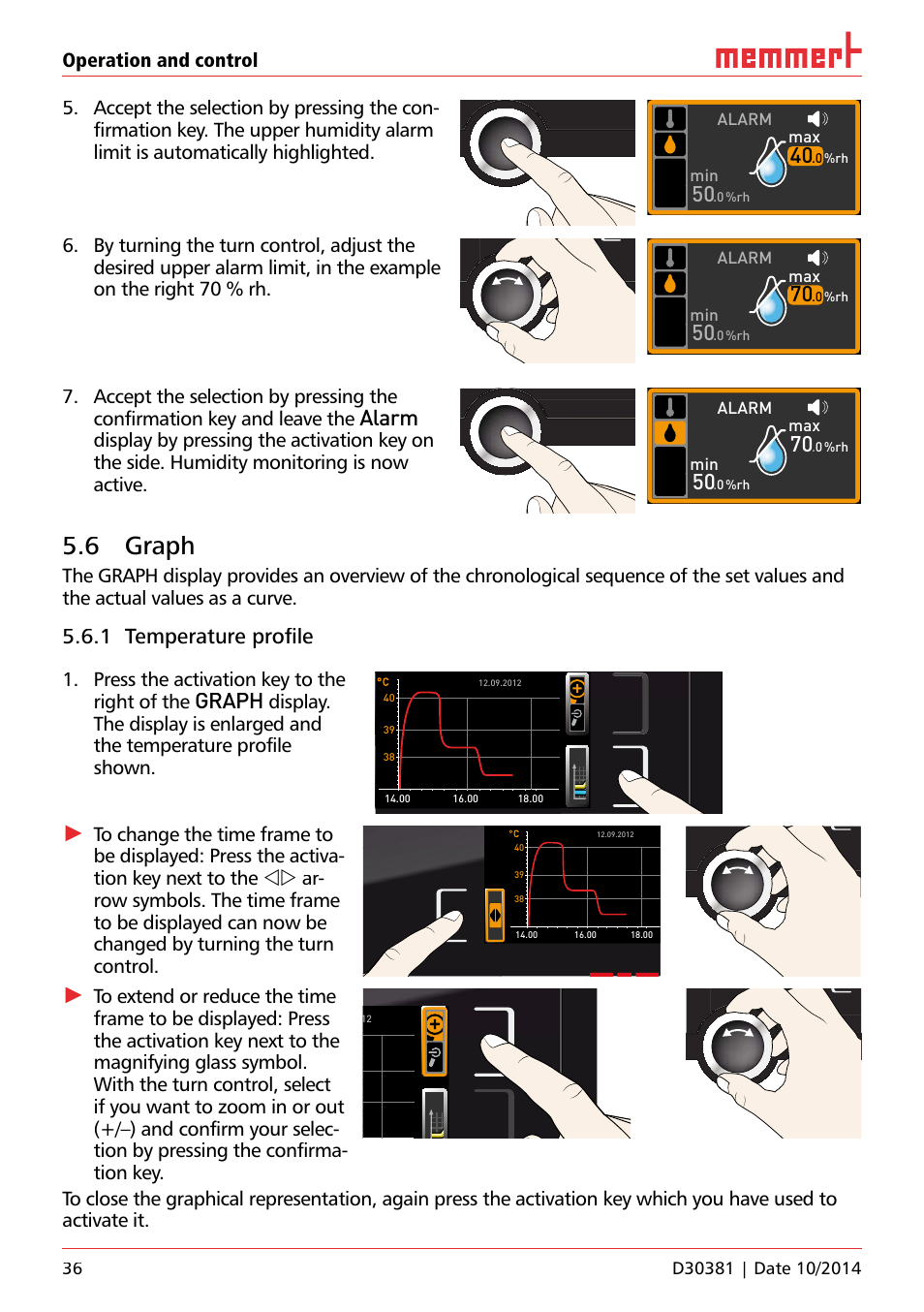 6 graph, Unp 500, 4%rh | Lichtboxen, Alarm, 1 temperature proﬁ le, Graph, Press the activation key to the right of the | Memmert ICH/ ICH L Climate chambers User Manual | Page 36 / 64