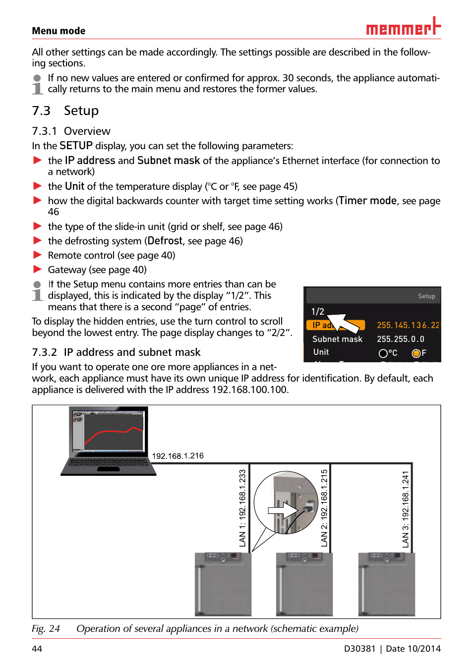 3 setup, 1 overview, Setup | Ip address, Subnet mask, Unit, Timer mode, Defrost, 2 ip address and subnet mask, Display, you can set the following parameters | Memmert ICH/ ICH L Climate chambers User Manual | Page 44 / 64