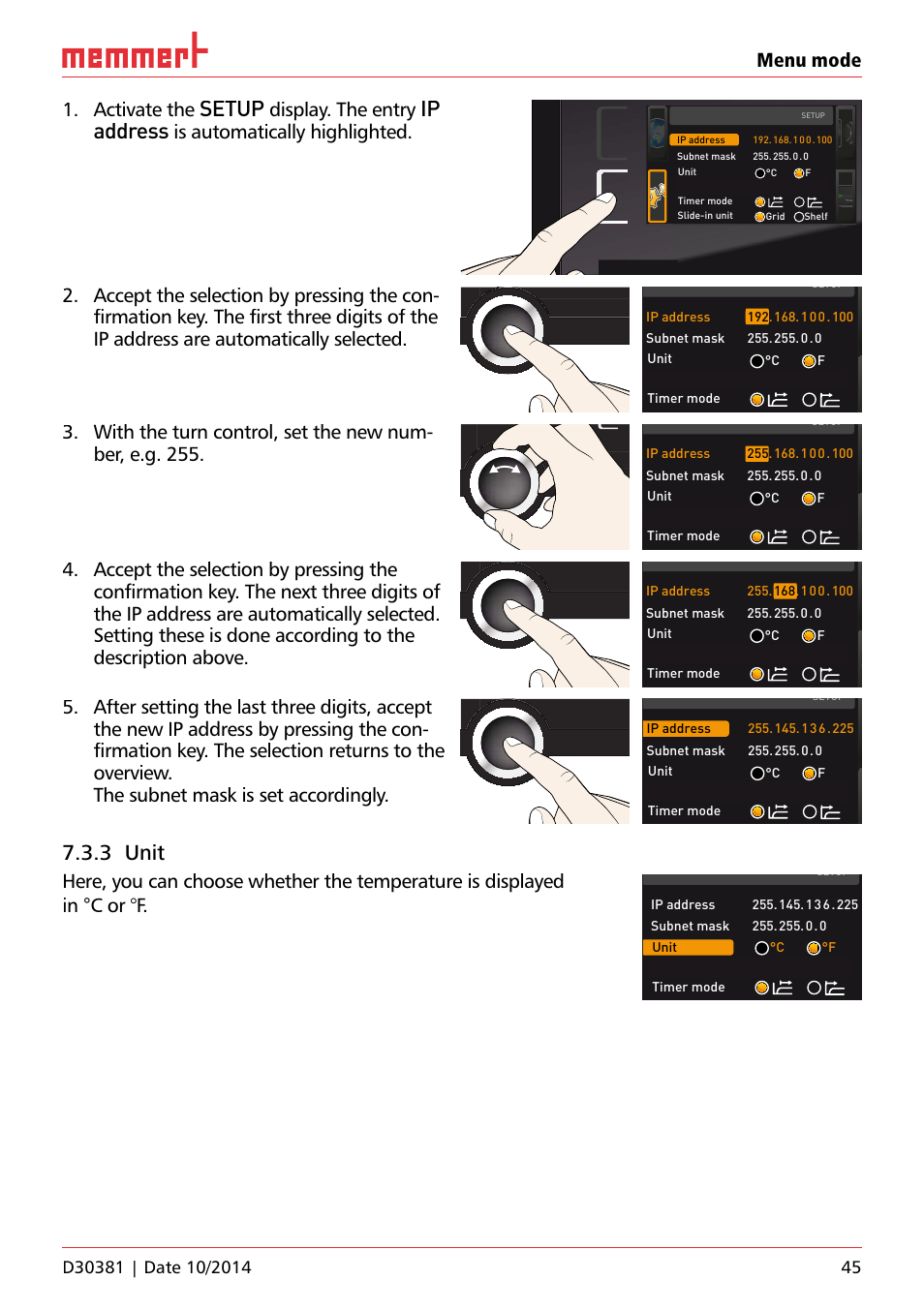 Setup, Ip address, 3 unit | Menu mode 1. activate the, Display. the entry, Is automatically highlighted, Uf 110 | Memmert ICH/ ICH L Climate chambers User Manual | Page 45 / 64
