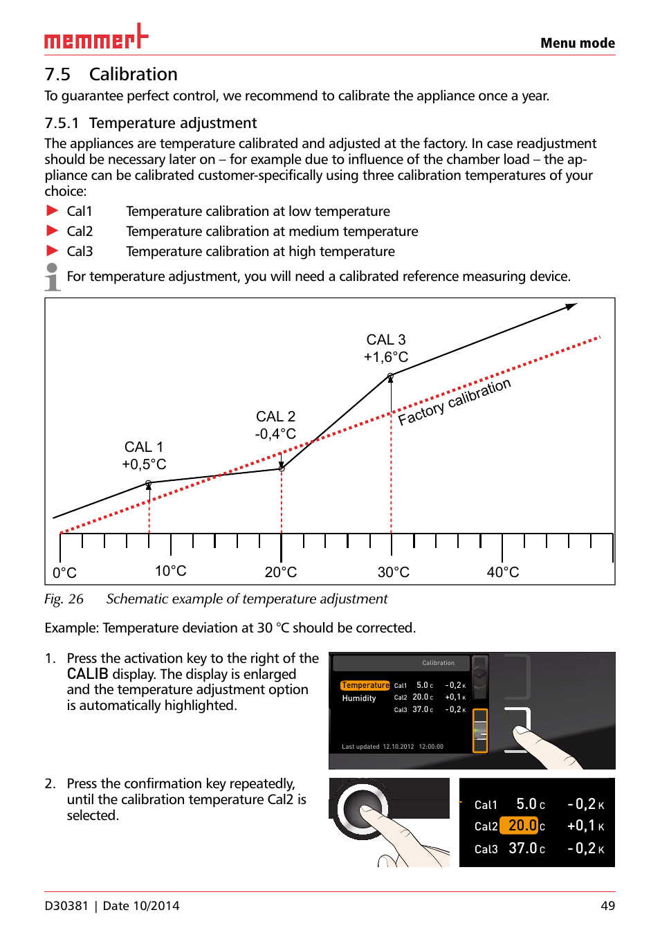 5 calibration, Ufp 100, 1 temperature adjustment | Calib, Temperatur, Menu mode, Cal1 temperature calibration at low temperature, Cal2 temperature calibration at medium temperature, Justieren | Memmert ICH/ ICH L Climate chambers User Manual | Page 49 / 64