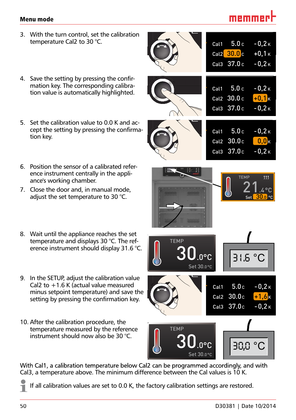 6 °c, 30,0 °c, Temperatur | Justieren, Temp set 30 | Memmert ICH/ ICH L Climate chambers User Manual | Page 50 / 64