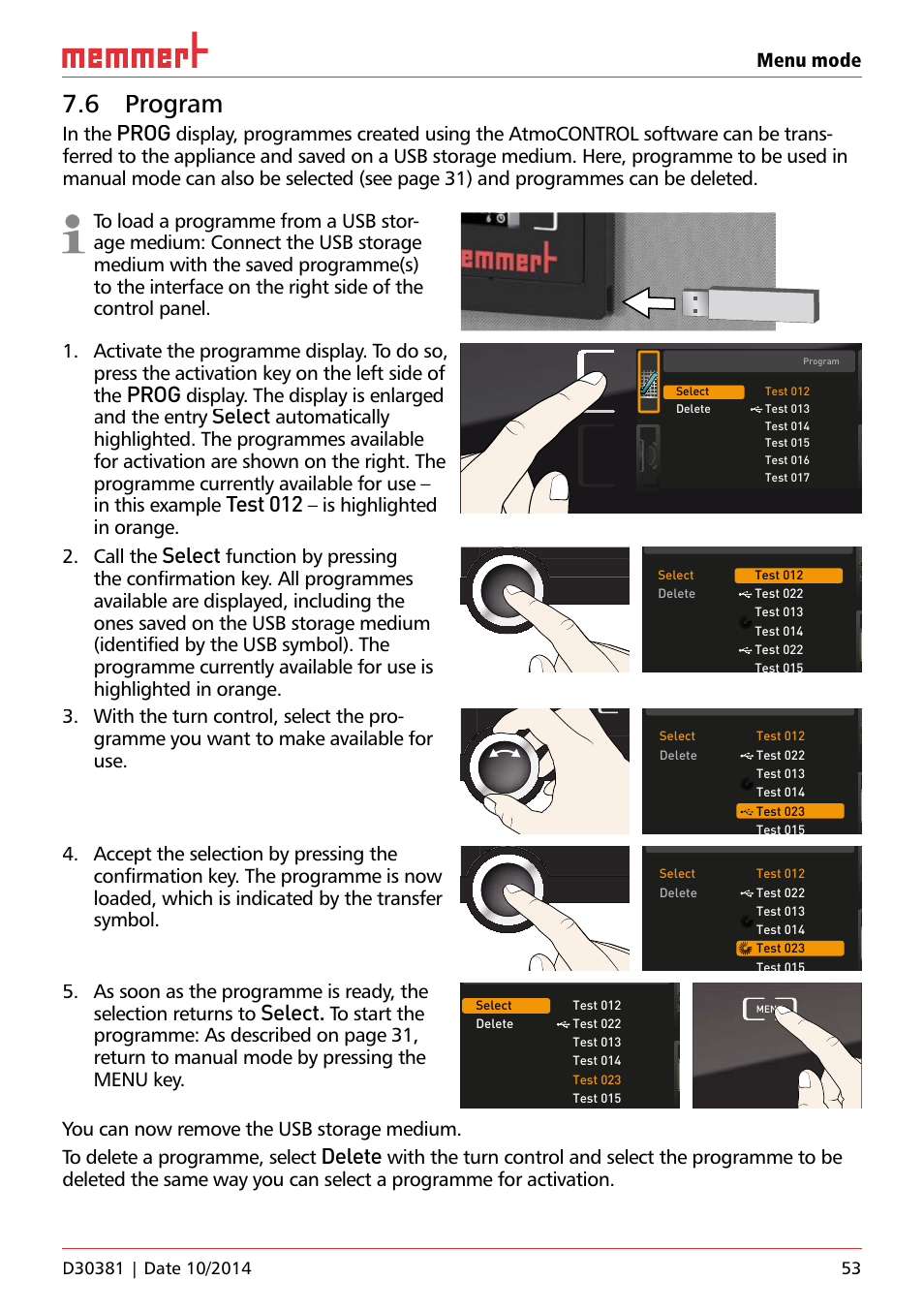 6 program, Ufp 100, Prog | Select, Test 012, Delete, Menu mode, Display. the display is enlarged and the entry, And the entry, Is highlighted in orange | Memmert ICH/ ICH L Climate chambers User Manual | Page 53 / 64