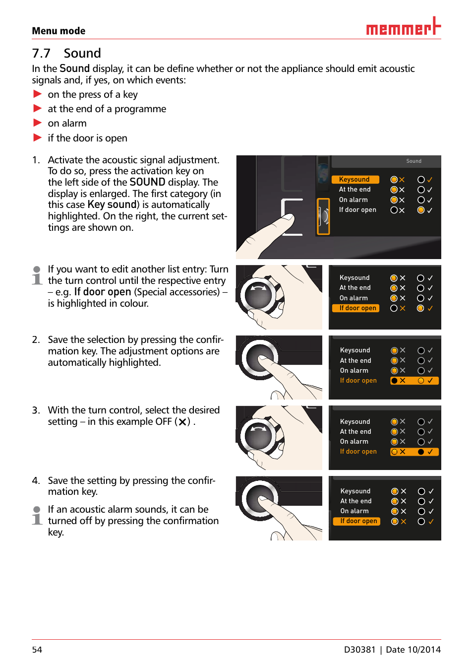 7 sound, Sound, Key sound | If door open, Menu mode, On the press of a key, At the end of a programme, On alarm, Special accessories) – is highlighted in colour, Keysound | Memmert ICH/ ICH L Climate chambers User Manual | Page 54 / 64