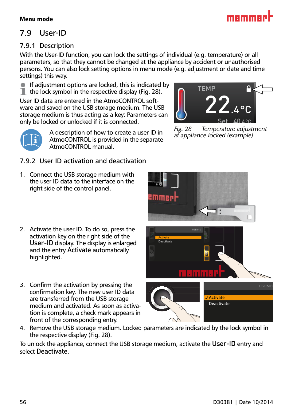 9 user-id, 1 description, 2 user id activation and deactivation | User-id, Activate, Deactivate, Temp set, Menu mode, Display. the display is enlarged and the entry, Automatically highlighted. ufp 100 | Memmert ICH/ ICH L Climate chambers User Manual | Page 56 / 64