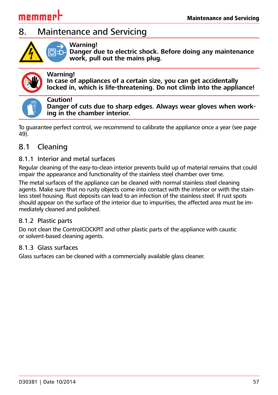 Maintenance and servicing, 1 cleaning | Memmert ICH/ ICH L Climate chambers User Manual | Page 57 / 64