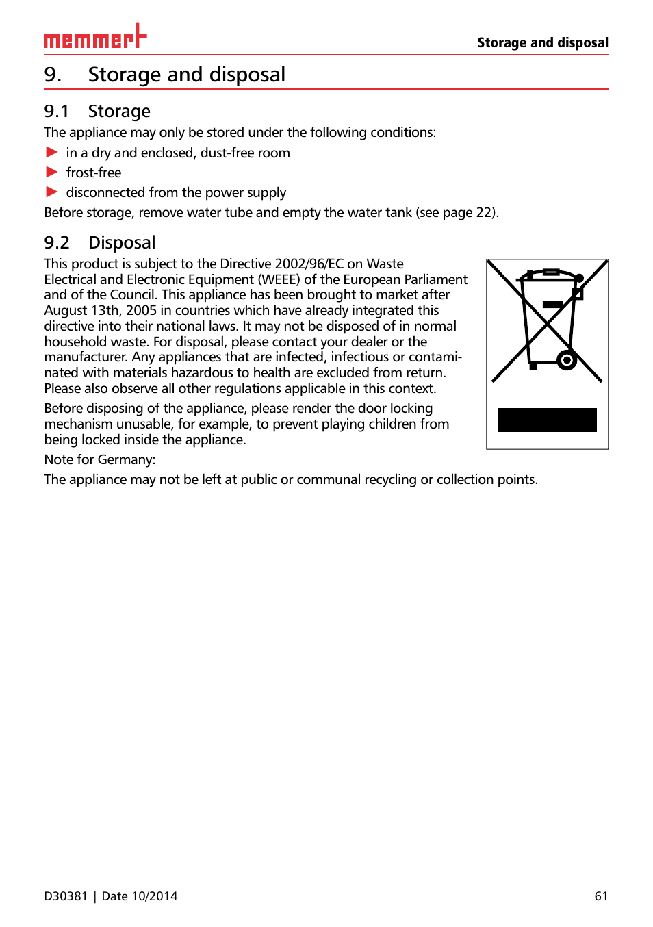 Storage and disposal, 1 storage, 2 disposal | Memmert ICH/ ICH L Climate chambers User Manual | Page 61 / 64