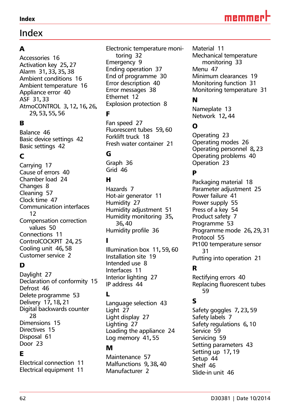 Index | Memmert ICH/ ICH L Climate chambers User Manual | Page 62 / 64