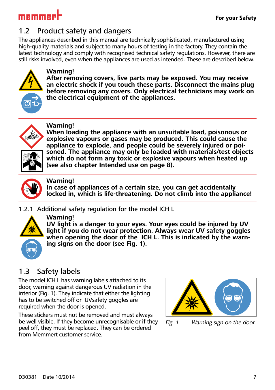 2 product safety and dangers, 3 safety labels | Memmert ICH/ ICH L Climate chambers User Manual | Page 7 / 64