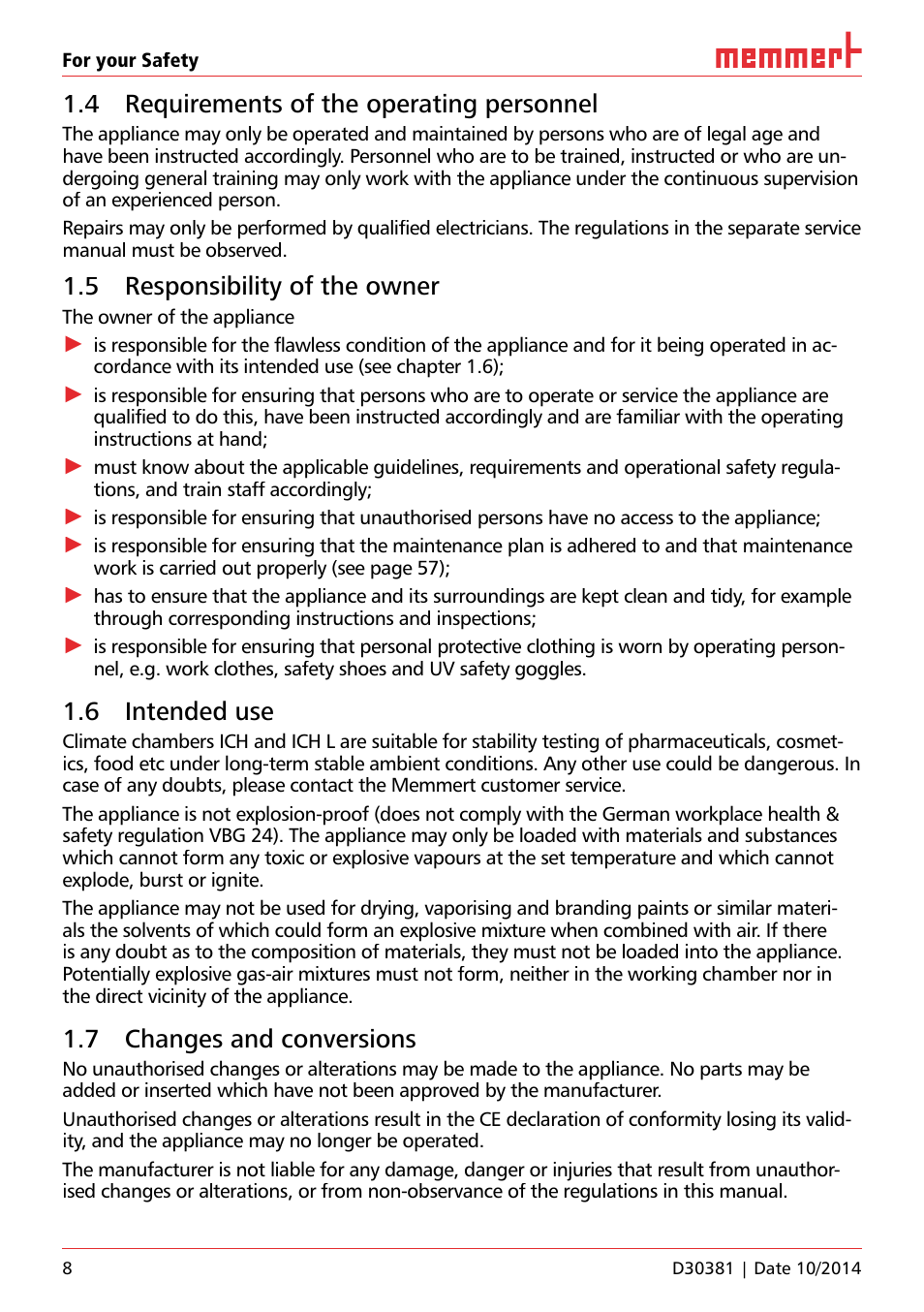 4 requirements of the operating personnel, 5 responsibility of the owner, 6 intended use | 7 changes and conversions | Memmert ICH/ ICH L Climate chambers User Manual | Page 8 / 64