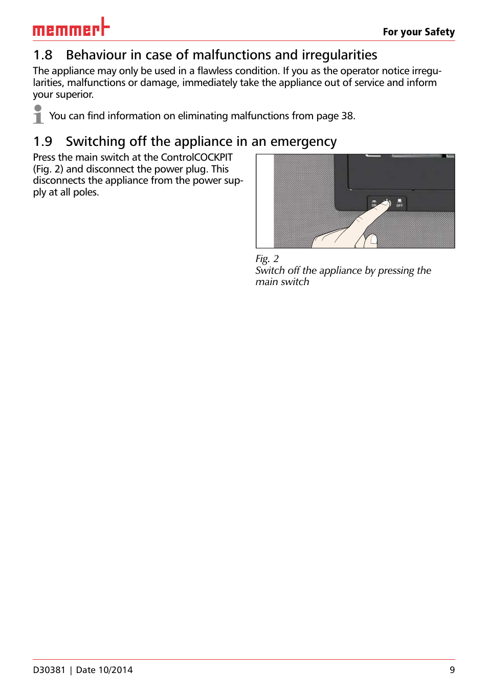 9 switching off the appliance in an emergency, For your safety, Uf 110 | Hauptschalter | Memmert ICH/ ICH L Climate chambers User Manual | Page 9 / 64