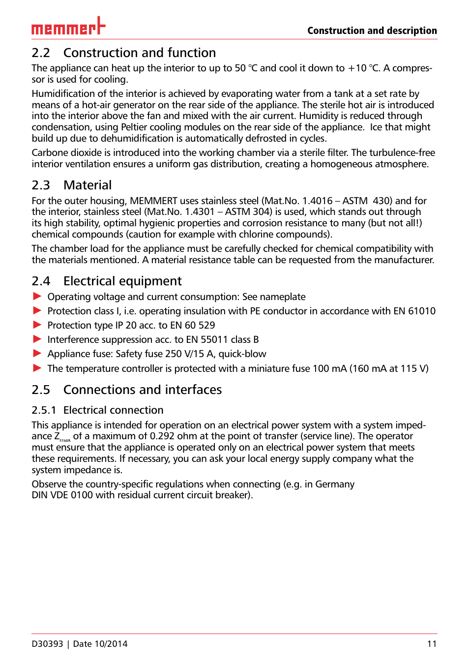 2 construction and function, 3 material, 4 electrical equipment | 5 connections and interfaces | Memmert ICH C (with CO2 control) Climate chambers User Manual | Page 11 / 68