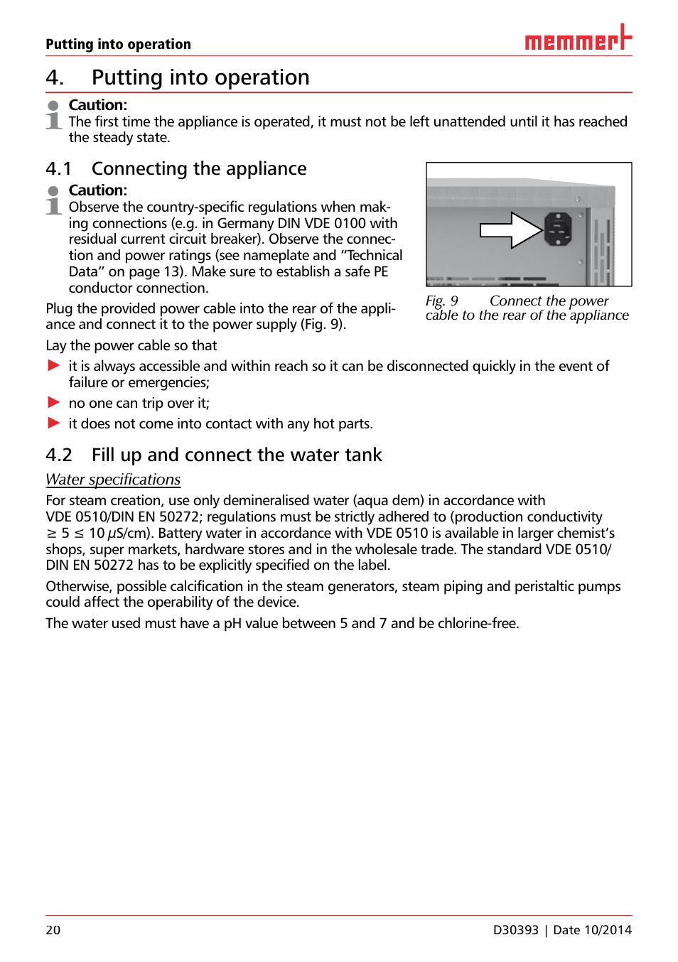 Putting into operation, 1 connecting the appliance, 2 fill up and connect the water tank | Memmert ICH C (with CO2 control) Climate chambers User Manual | Page 20 / 68
