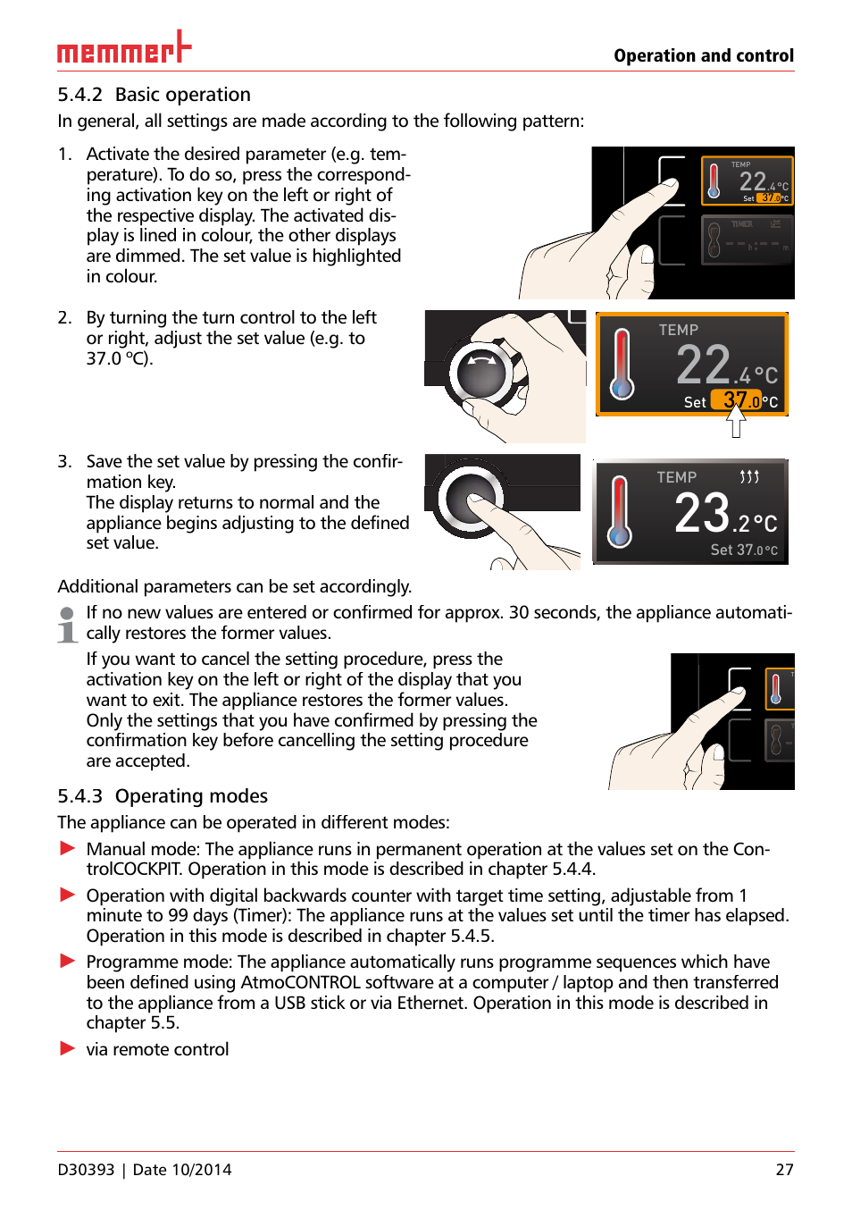 Ich 500, 2 basic operation, 3 operating modes | Operation and control, The appliance can be operated in different modes, Via remote control, Temp set 37, Temp, 0 °c set | Memmert ICH C (with CO2 control) Climate chambers User Manual | Page 27 / 68