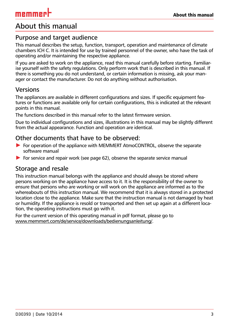 About this manual, Purpose and target audience, Versions | Other documents that have to be observed, Storage and resale | Memmert ICH C (with CO2 control) Climate chambers User Manual | Page 3 / 68