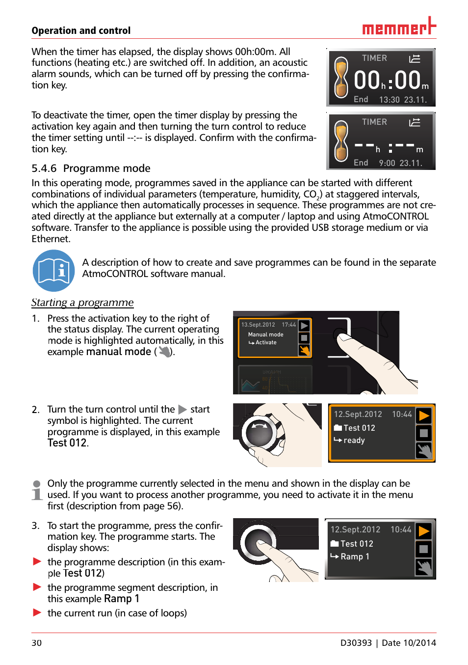 Unp 500, 6 programme mode, Starting a programme | Manual mode, Test 012, Ramp 1, Turn the turn control until the, The programme description (in this exam- ple, Ple ), The programme segment description, in this example | Memmert ICH C (with CO2 control) Climate chambers User Manual | Page 30 / 68