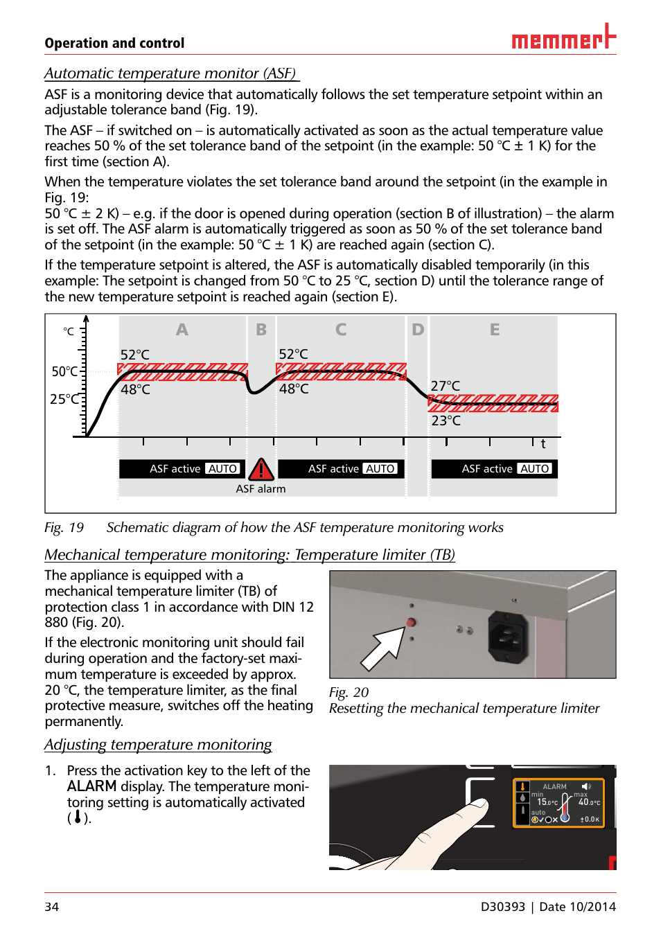 On 44, Uf 110, Hauptschalter | Ab c d e, Adjusting temperature monitoring, Alarm, Operation and control, 52°c 48°c, 27°c 23°c, 50°c 25°c t | Memmert ICH C (with CO2 control) Climate chambers User Manual | Page 34 / 68