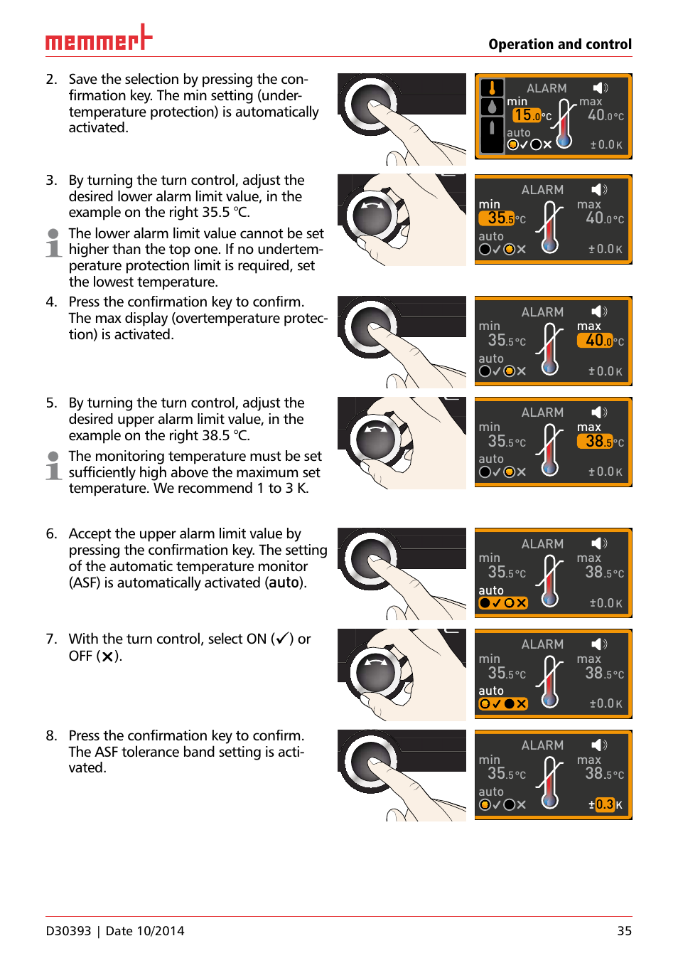 Auto, With the turn control, select on, Or off () | Alarm, Auto max, Alarm 0.0, Alarm max, Alarm max auto, Uf 110 | Memmert ICH C (with CO2 control) Climate chambers User Manual | Page 35 / 68